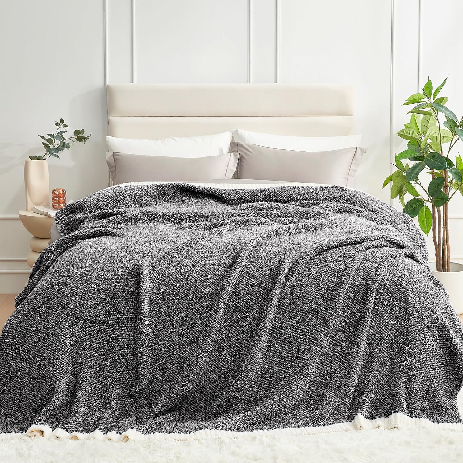 Knit Beige Throw Pillow — 50" — Heather Black
