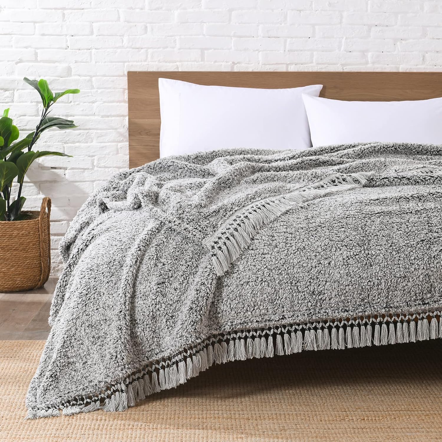 Boho Beige Throw Pillow — 50" — Black With Tassel