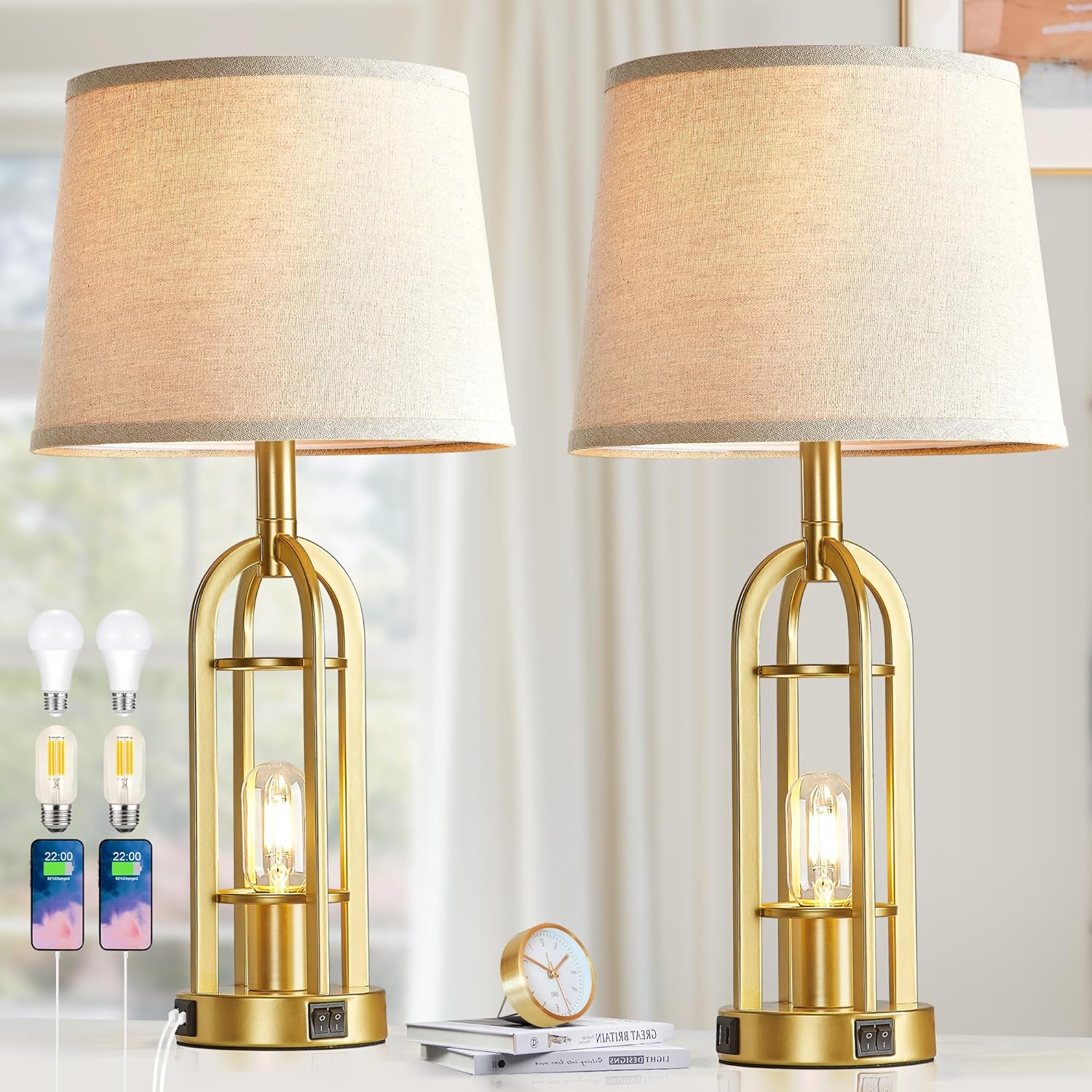 USB Farmhouse Black Bedside Lamp — 24" — 5.Gold
