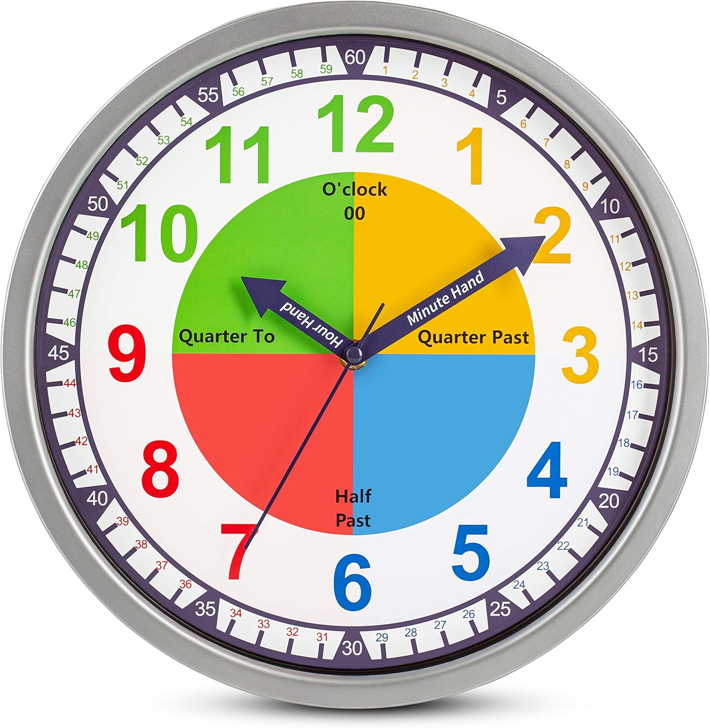 Battery Operated Modern Metal Wall Clock — 12" — Kids - Time Teaching