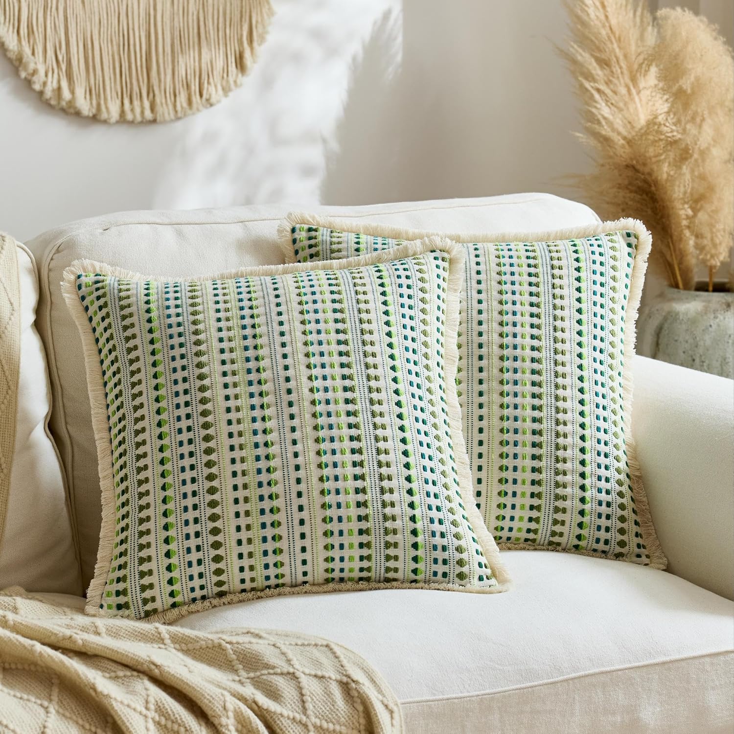 Embroidered Boho Beige Throw Pillow Cover — 20" — Green