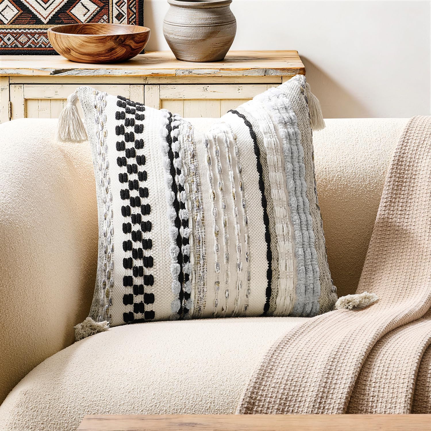 Tufted Boho Beige Throw Pillow Cover — 20" — 20" x 20" (Pack of 1)