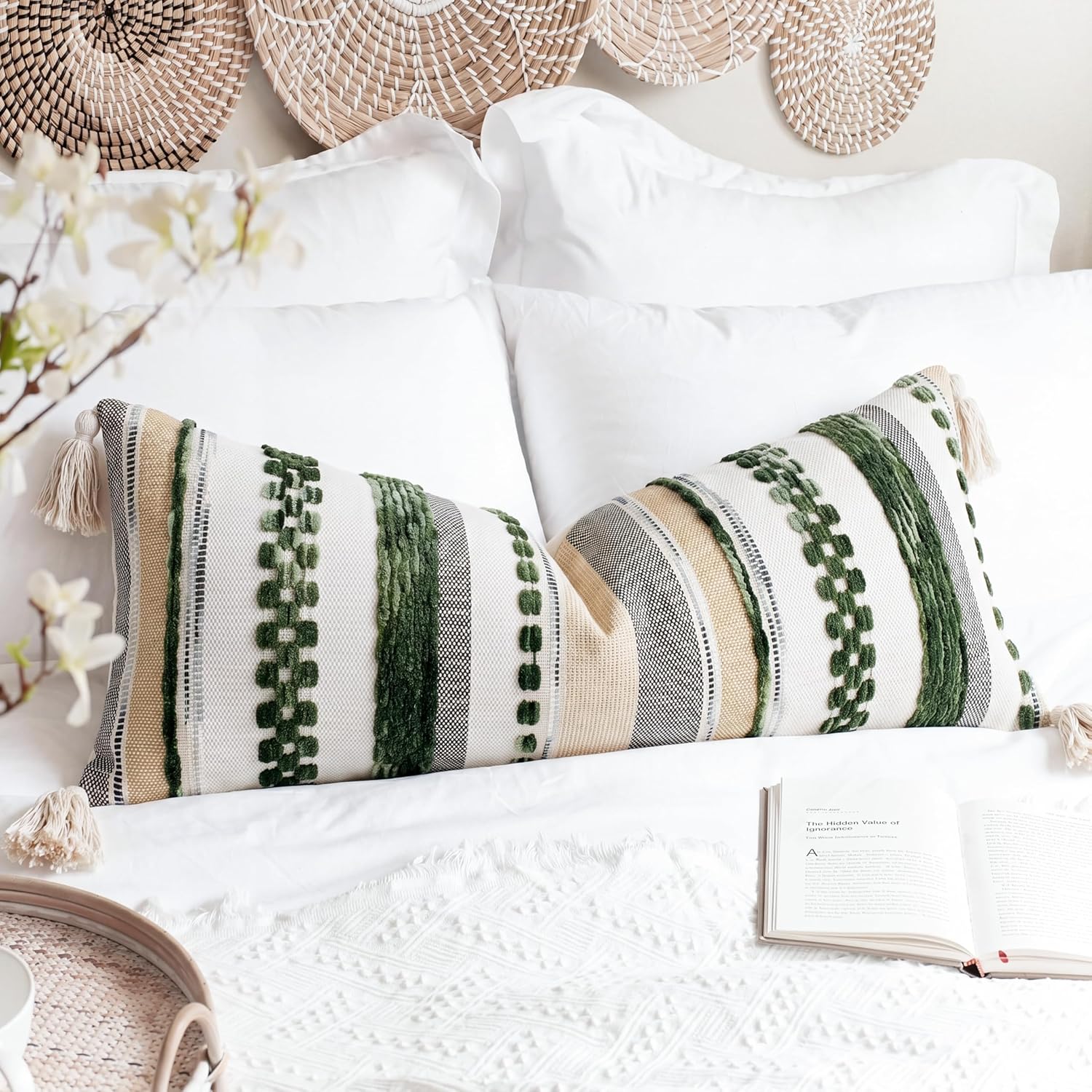 Chenille Boho Blue Throw Pillow Cover — 36" — Dark Green Tone