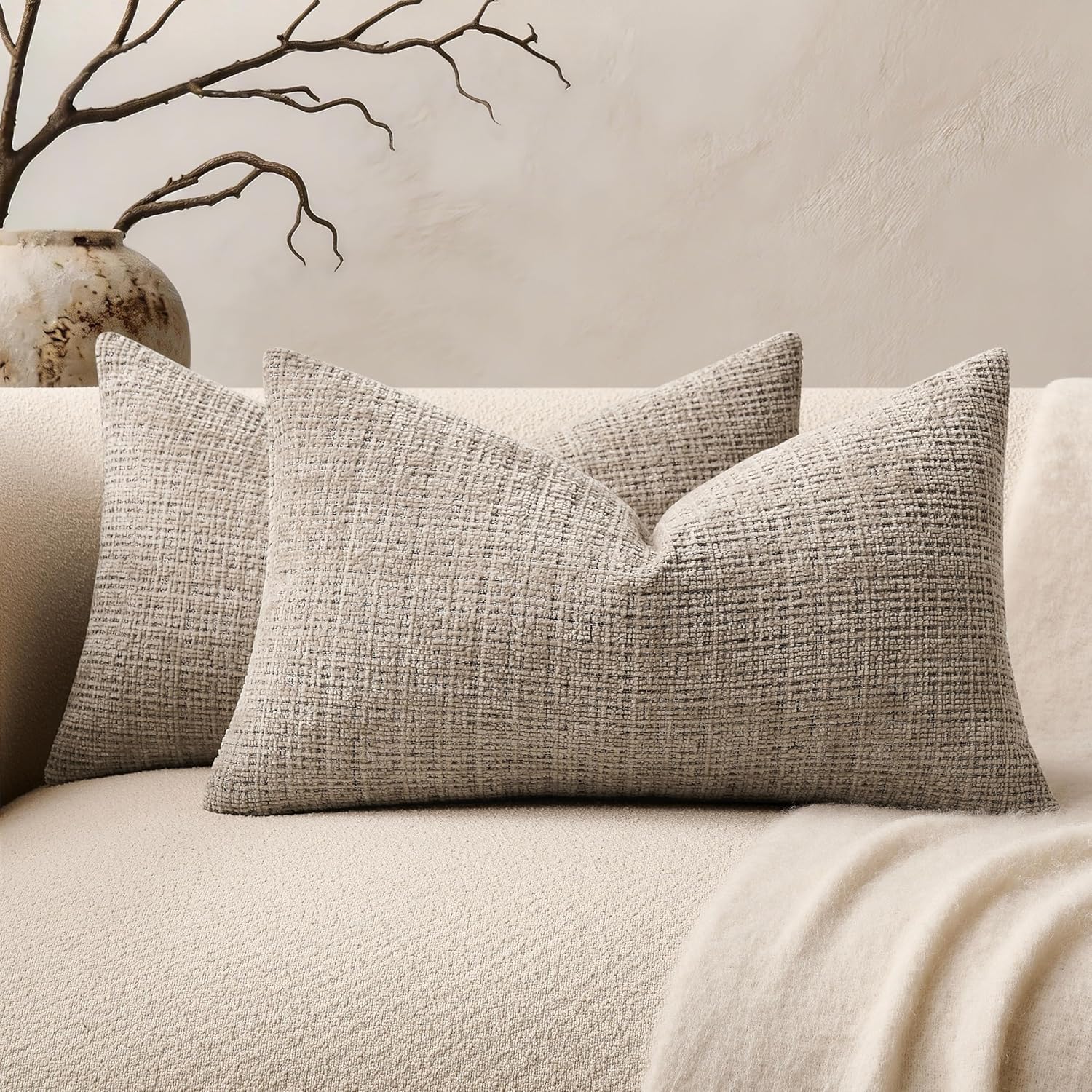 Chenille Boho Blue Throw Pillow Cover — 20" — Latte