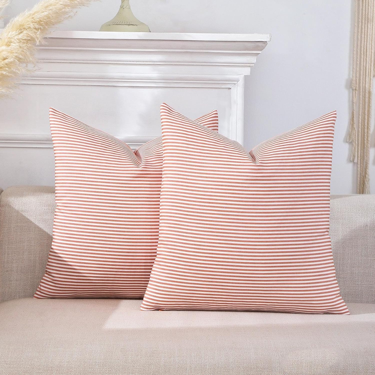 Boho Beige Throw Pillow Cover — 18" — Orange Stripe