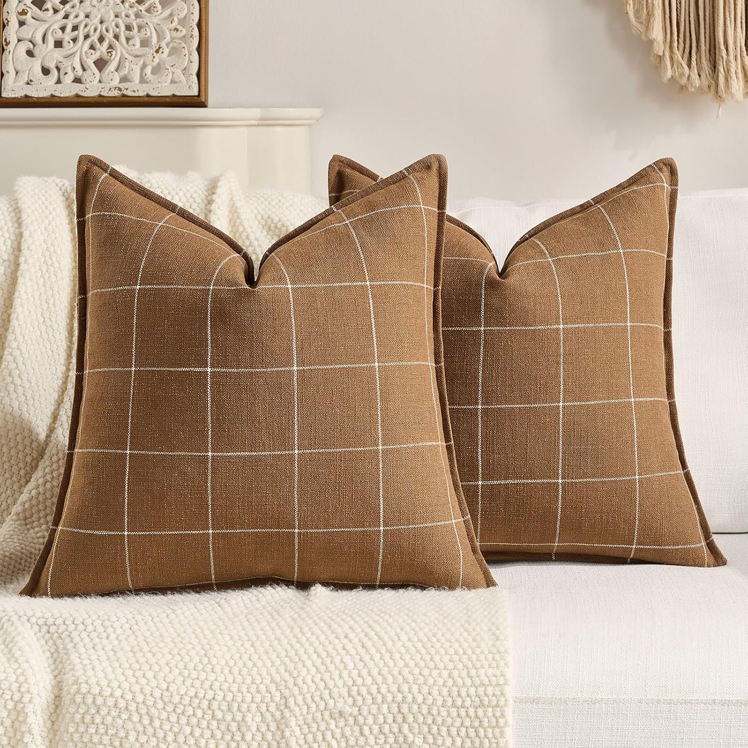 Linen Boho Beige Throw Pillow Cover — 20" — Brown Plaid Set of 2