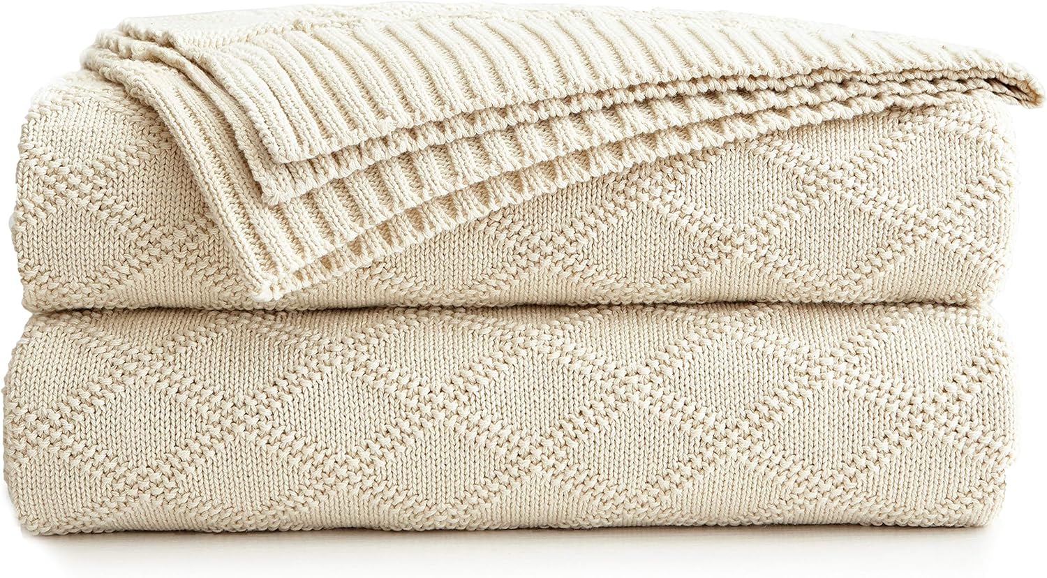 Knit Boho Beige Throw Pillow — 50" — Cream, X Pattern
