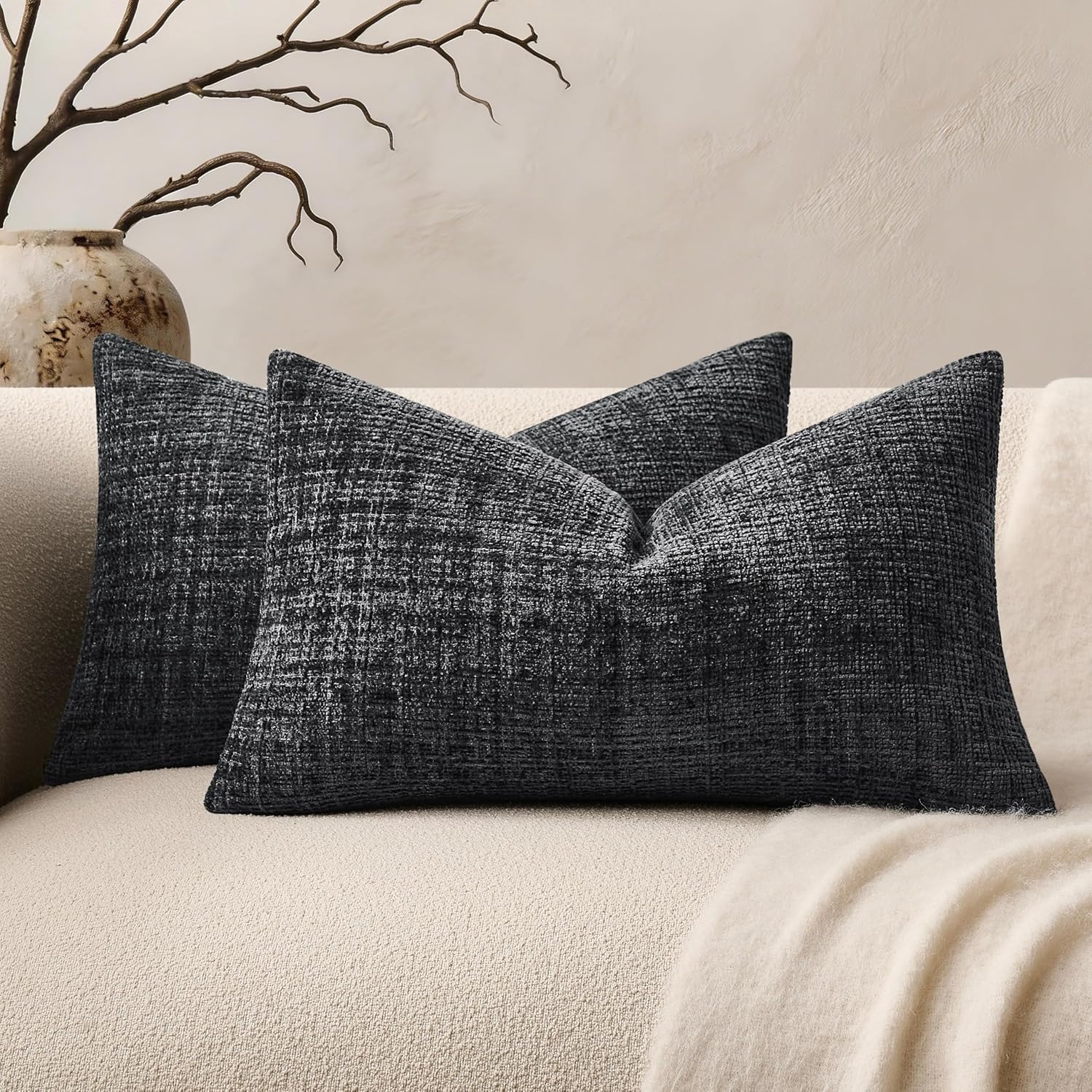 Chenille Boho Blue Throw Pillow Cover — 20" — Charcoal