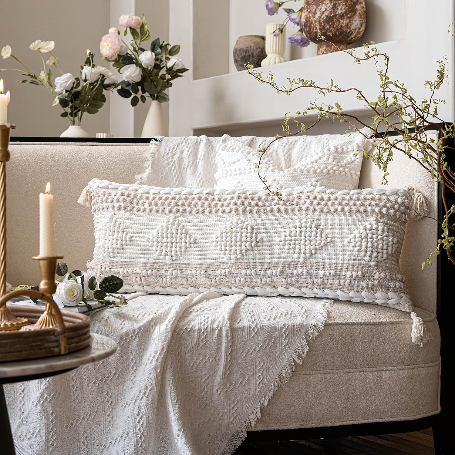Lumbar Boho Beige Throw Pillow Cover — 36" - View 13