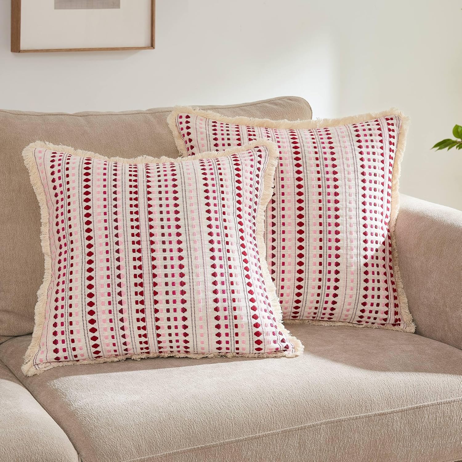 Embroidered Boho Beige Throw Pillow Cover — 20" — Red
