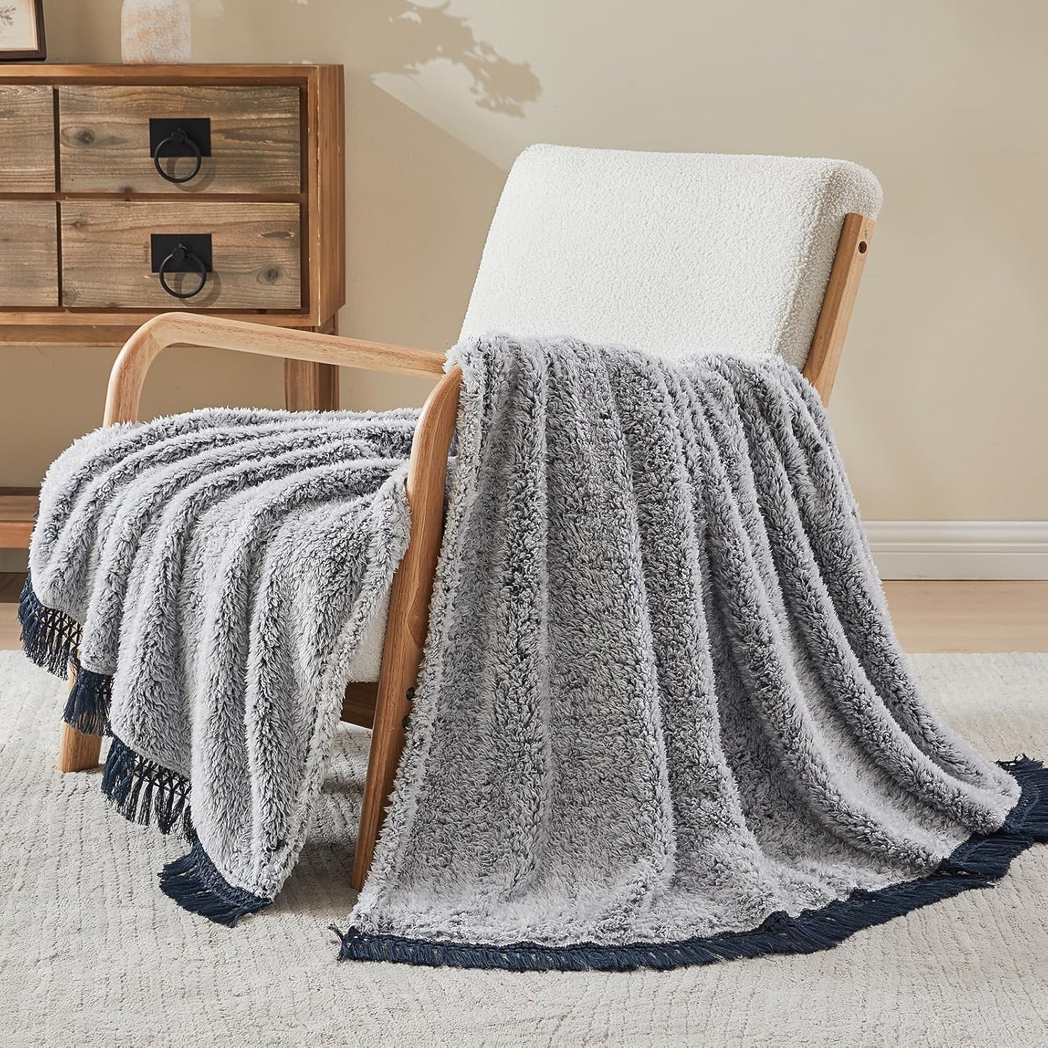 Boho Beige Throw Pillow — 50" — 02-tassel Navy