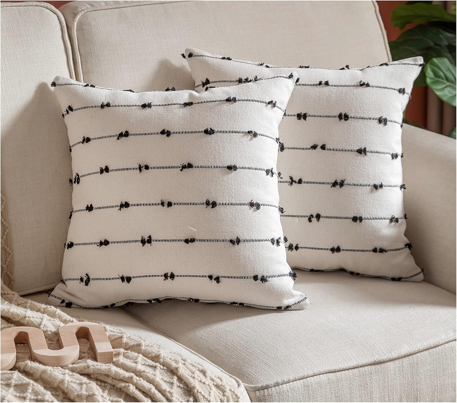 Boho Black Throw Pillow Cover — 22" — Black Off White