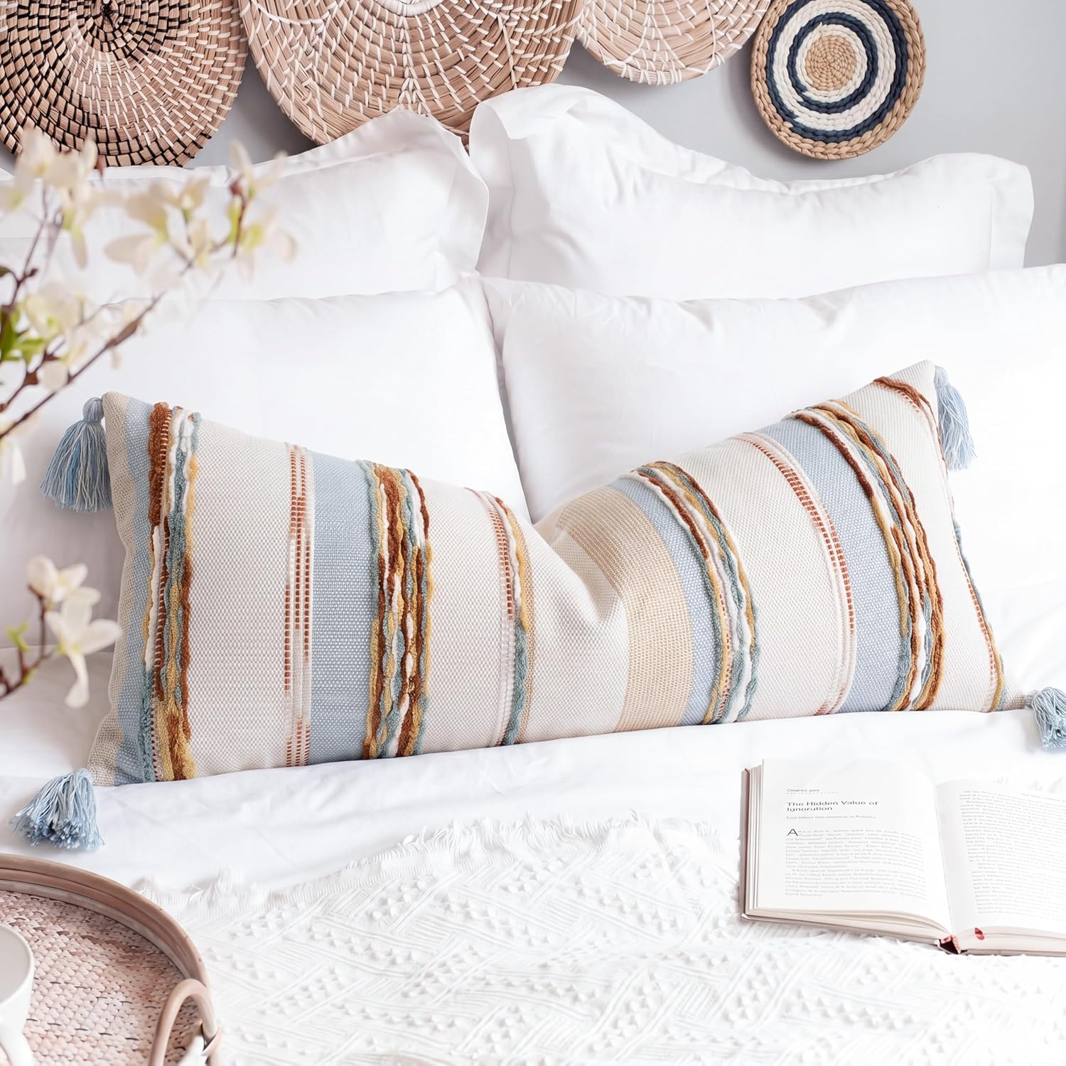 Chenille Boho Blue Throw Pillow Cover — 36" — Light Blue Tone