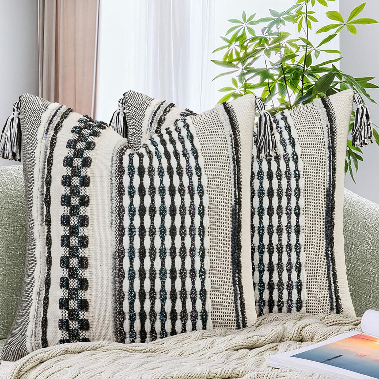 Chenille Boho Beige Throw Pillow Cover — 18" — 18" x 18" (Pack of 2)