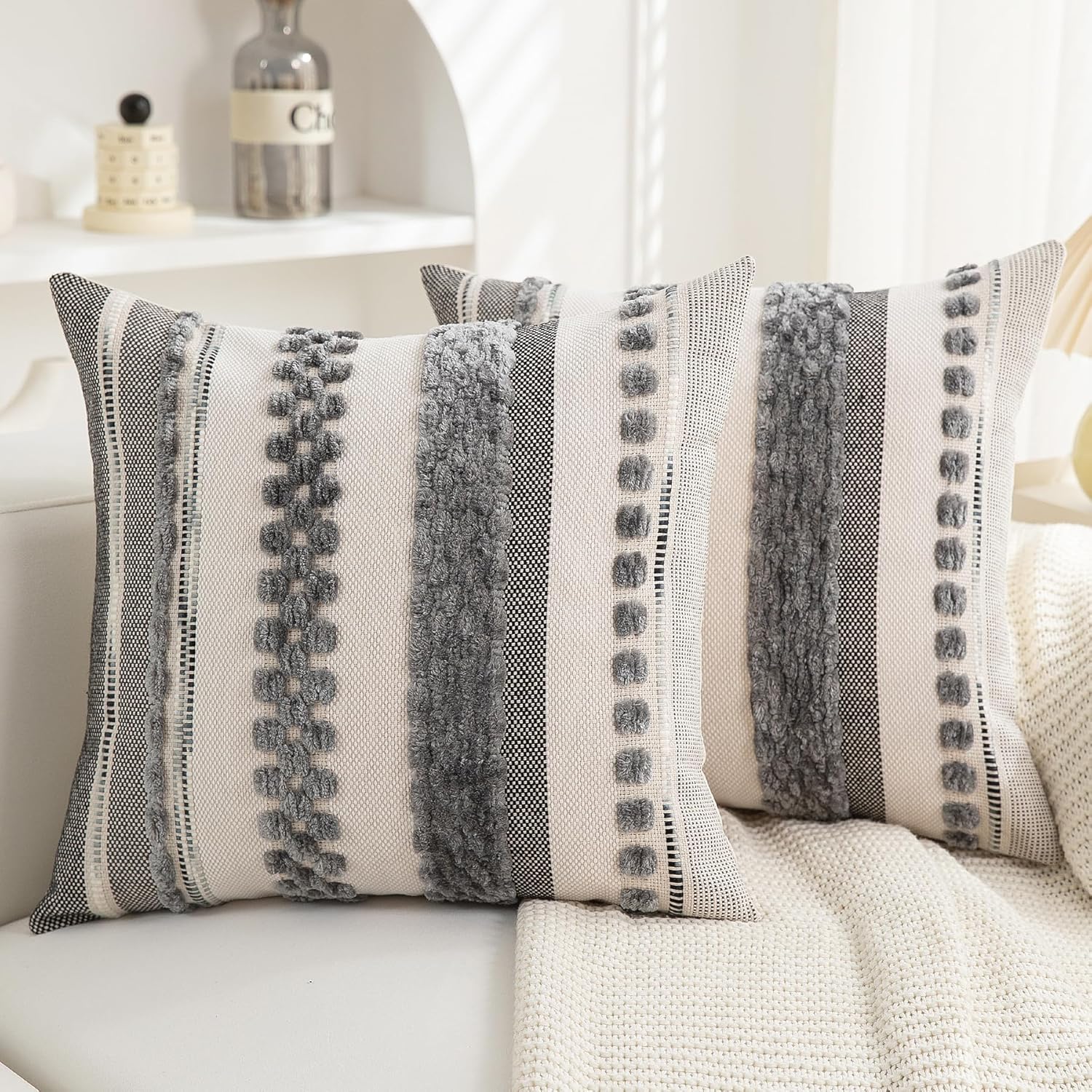 Chenille Boho Black Throw Pillow Cover — 18x18 — Gray Stripe