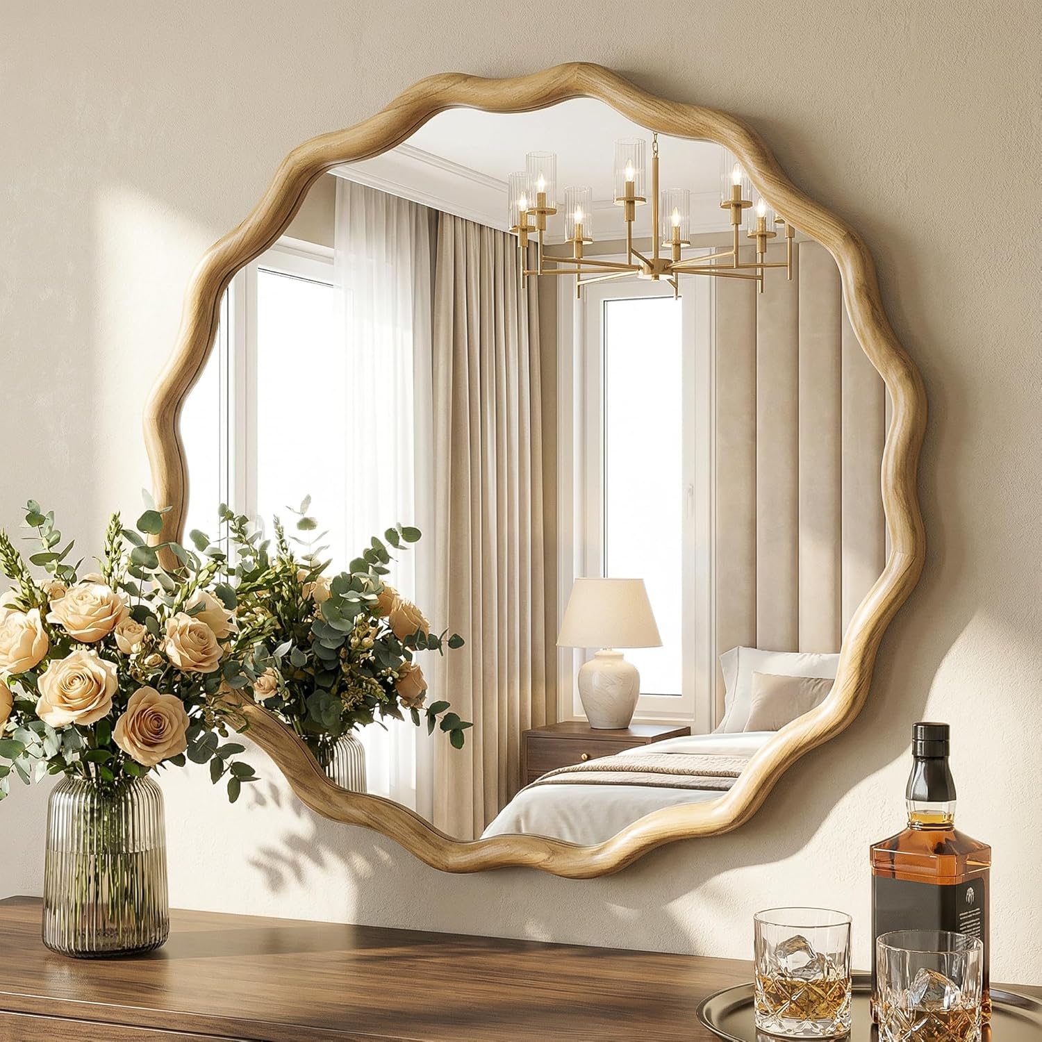 Round Boho Beige Vanity Mirror — 28" — Natural B
