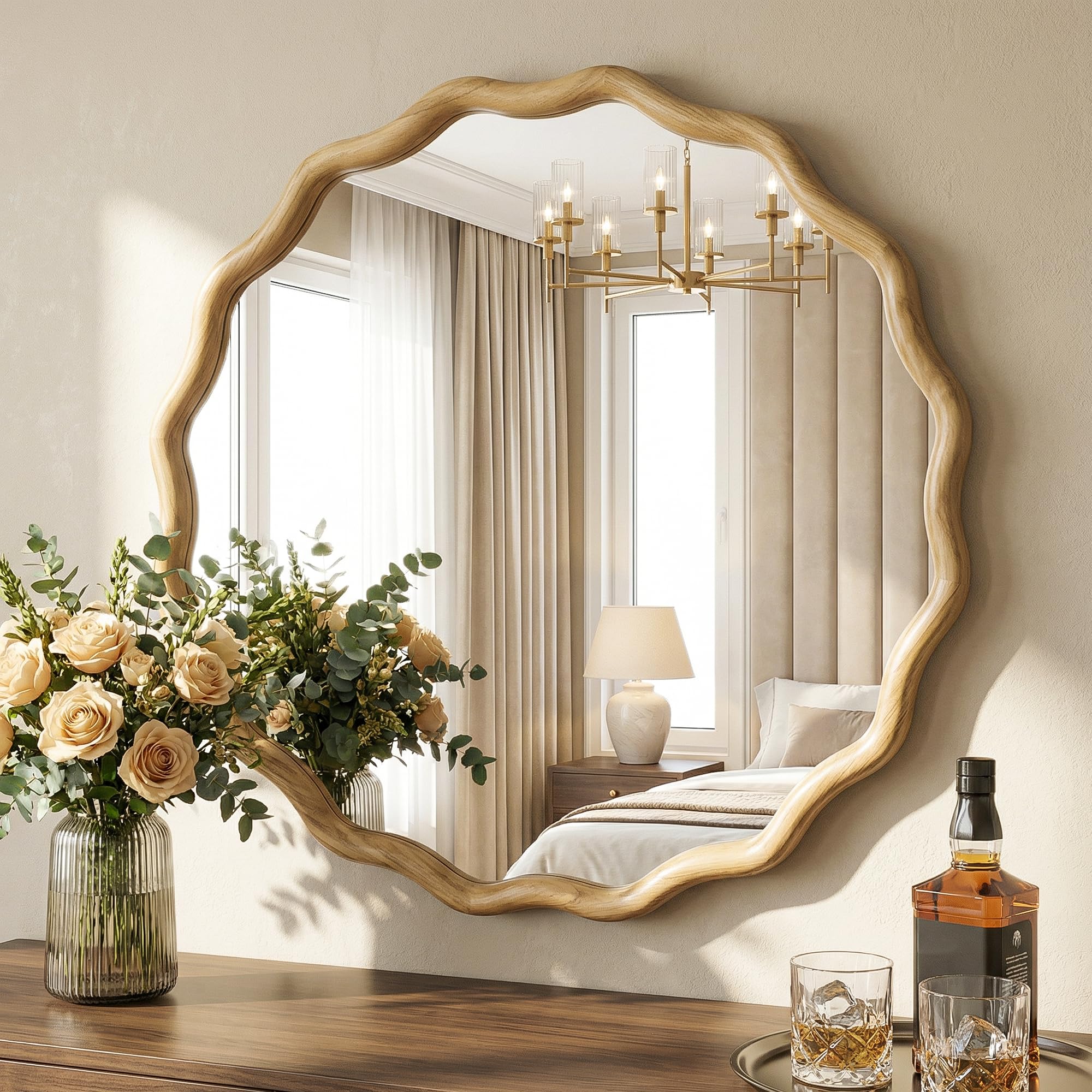 Round Boho Beige Vanity Mirror — 28"