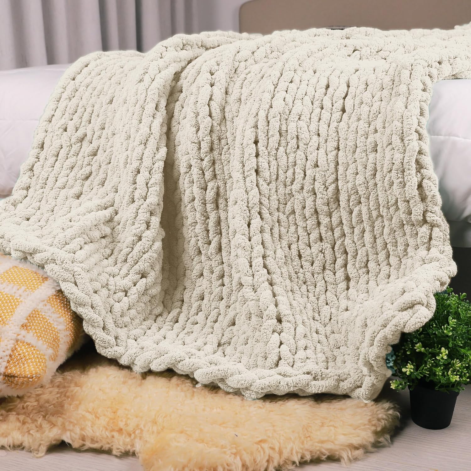 Knit Boho Beige Throw Pillow — 50" — Light Beige
