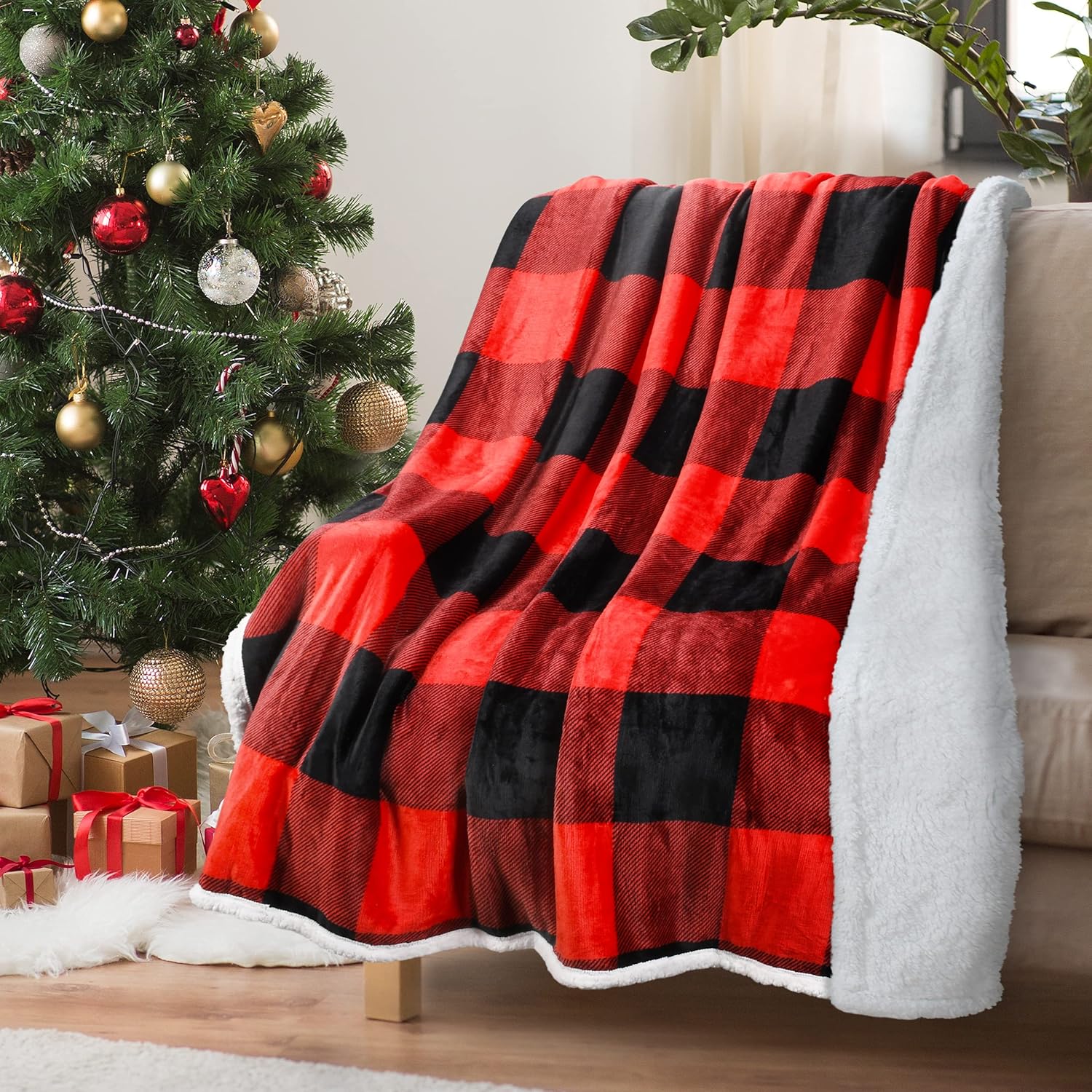 Beige Throw Pillow — 50" — Plaid Red #2