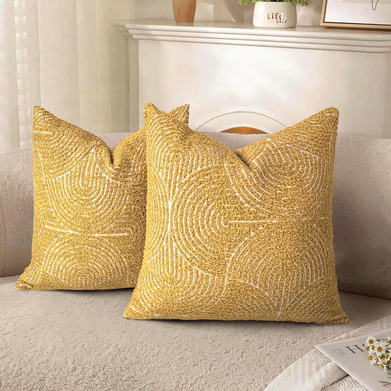 Tufted Boho Beige Throw Pillow Cover — 18" — Mustard Yellow