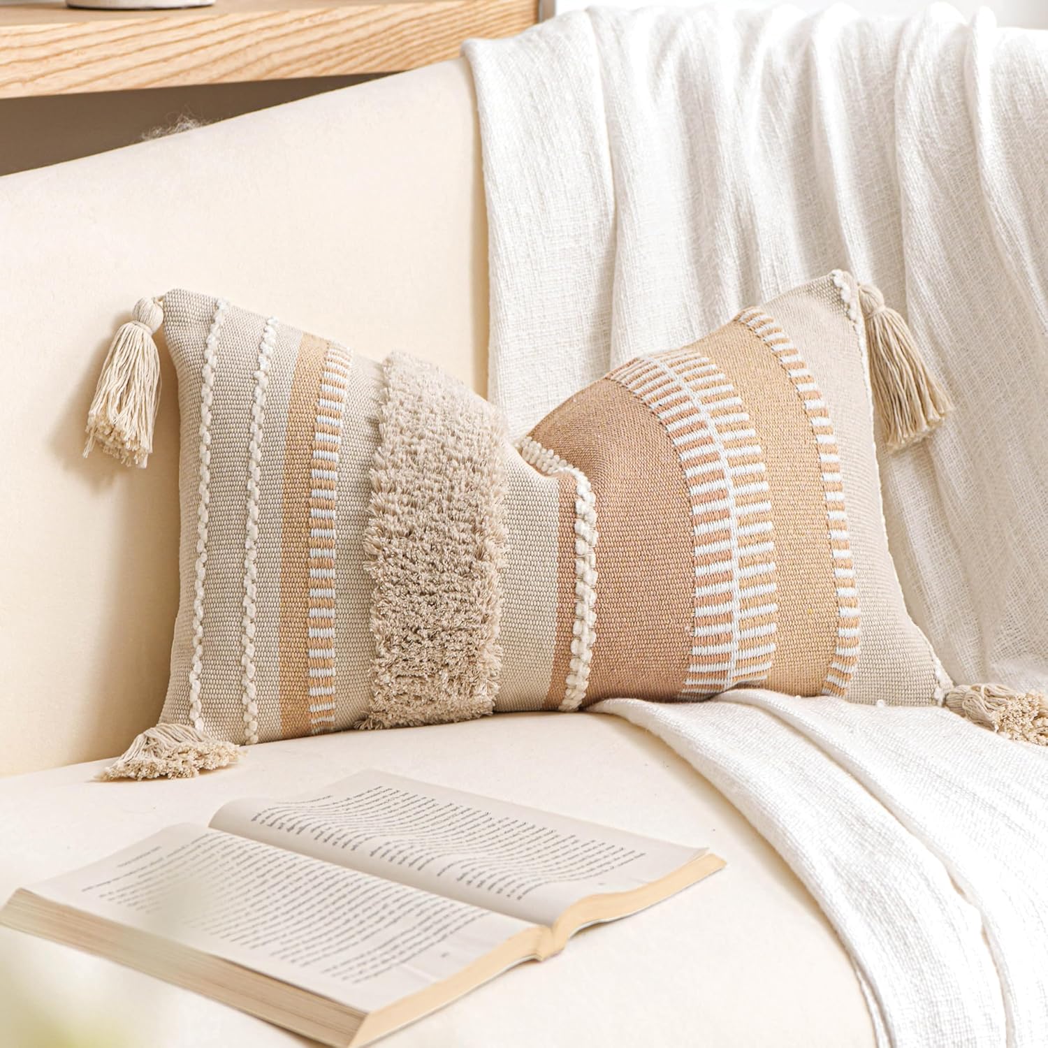 Tufted Boho Beige Throw Pillow Cover — 20" — 20" x 12" (Pack of 1)