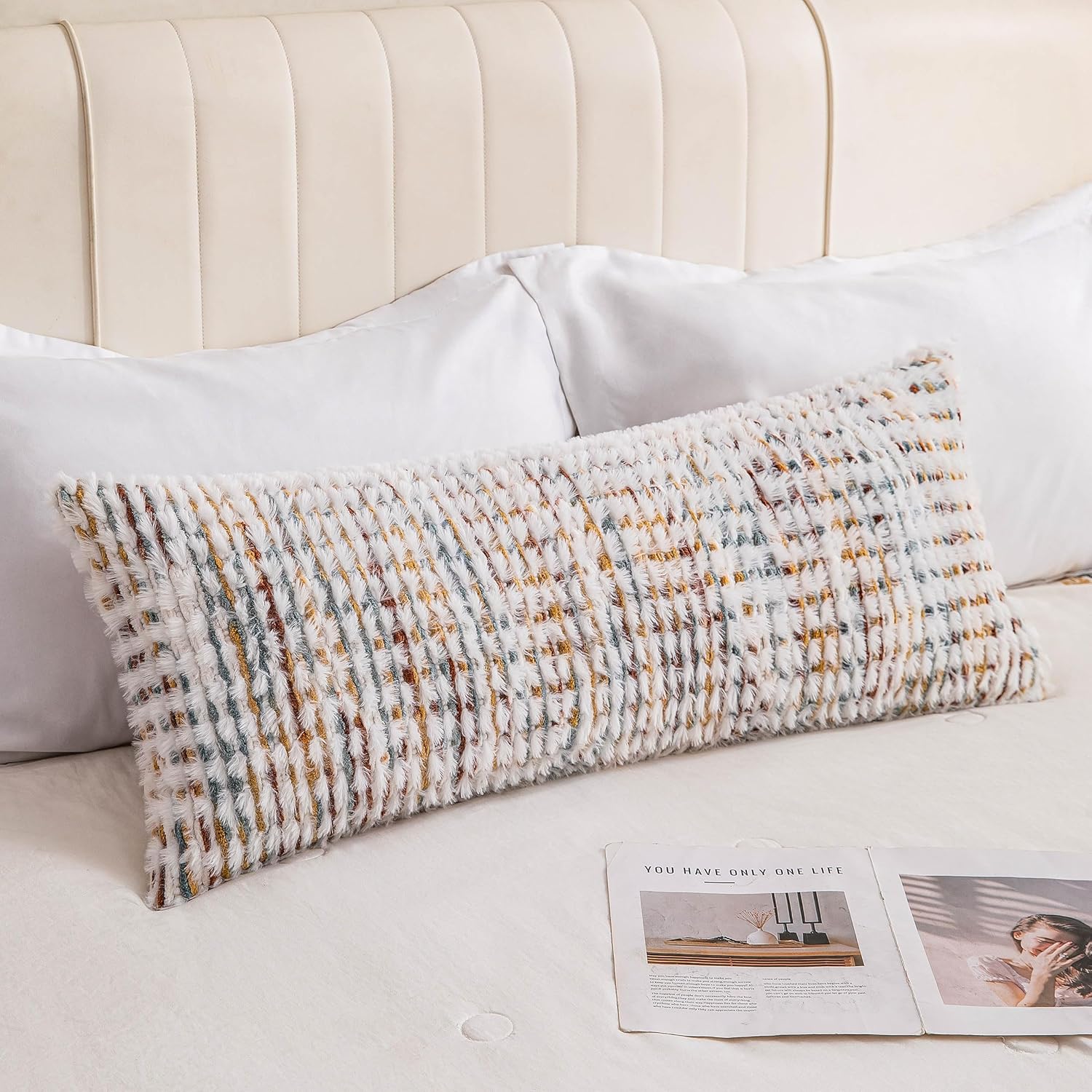 Tufted Boho Blue Throw Pillow Cover — 18" — Yellow