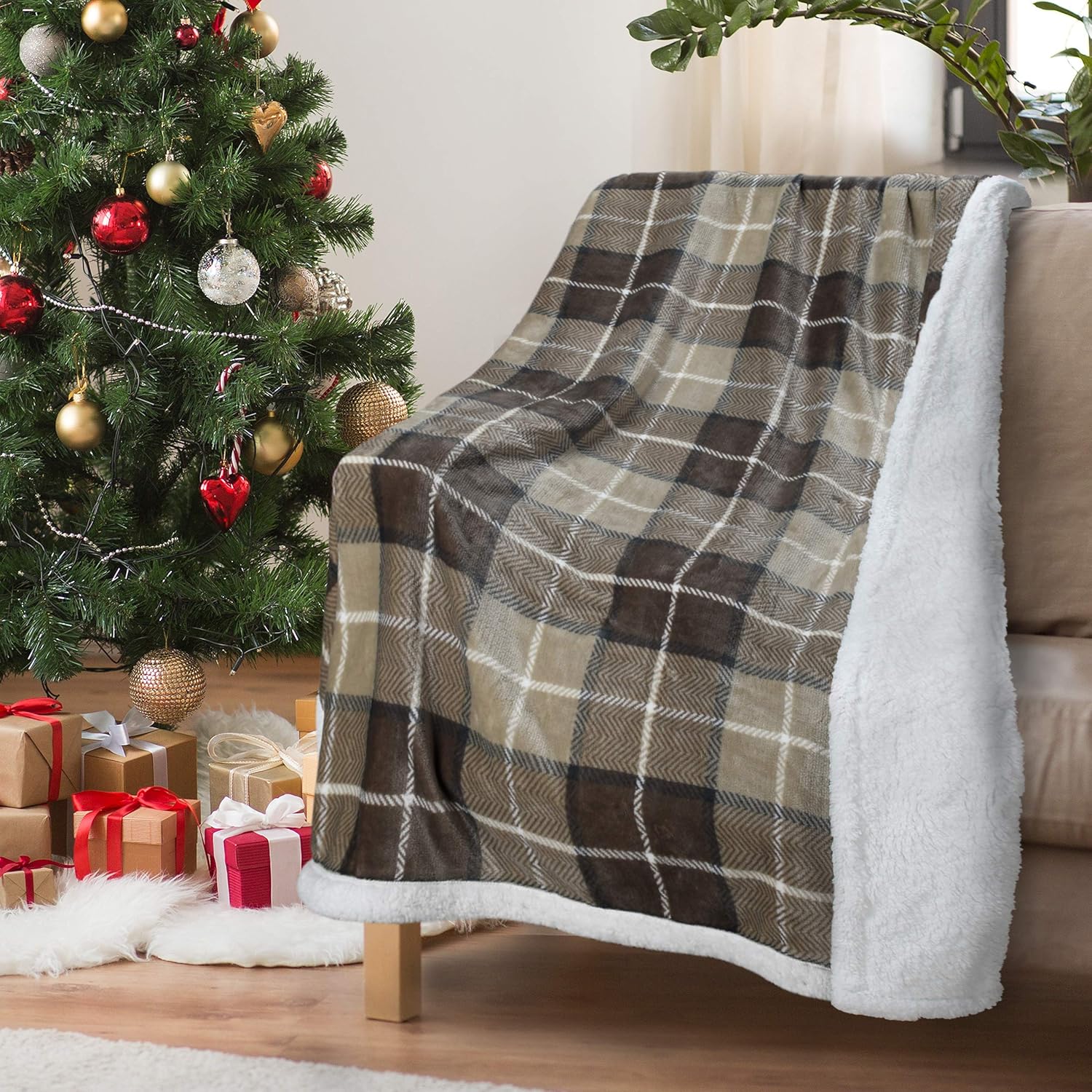 Beige Throw Pillow — 50" — #Beige Plaid