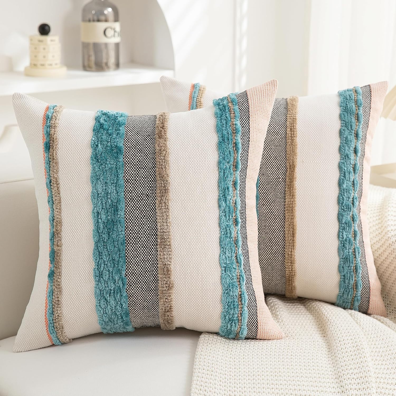 Chenille Boho Black Throw Pillow Cover — 18x18 — Teal Stripe