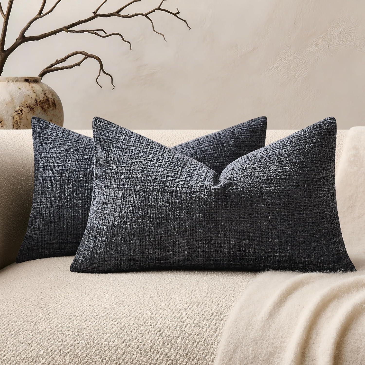 Chenille Boho Blue Throw Pillow Cover — 20" — Navy