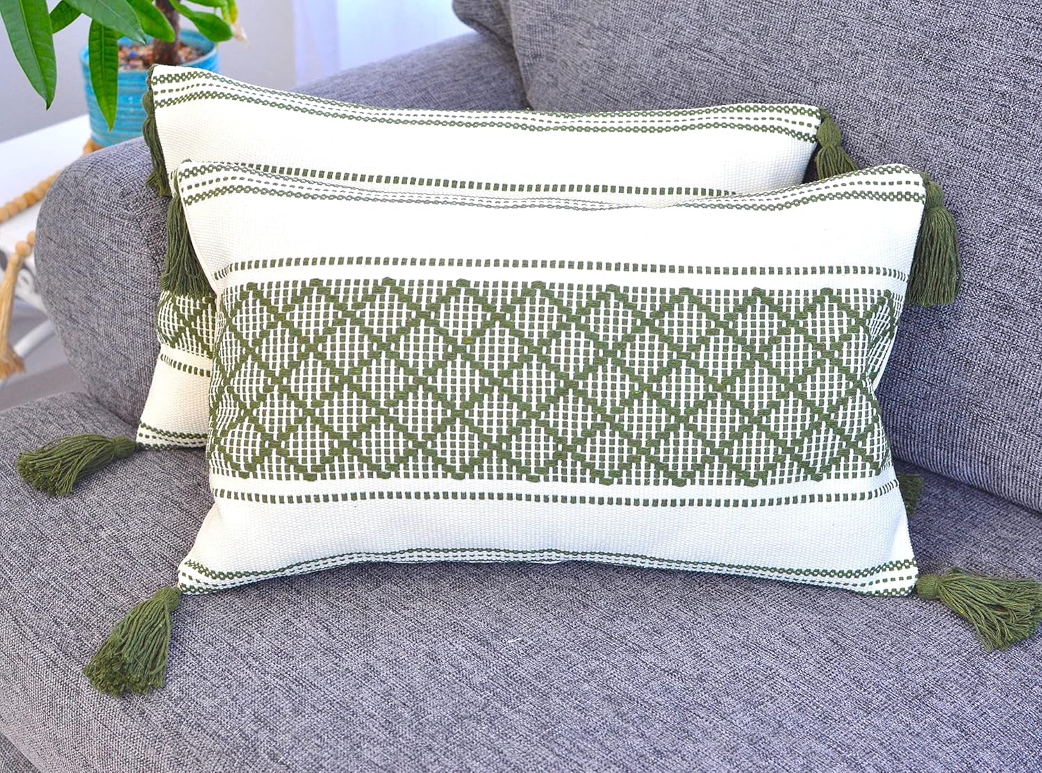 Boho Black Throw Pillow Cover — 20" — Olive Green