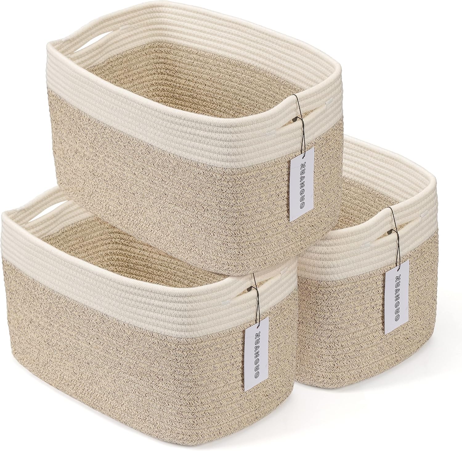 Boho Beige Woven Basket — 9.3" — white and brown