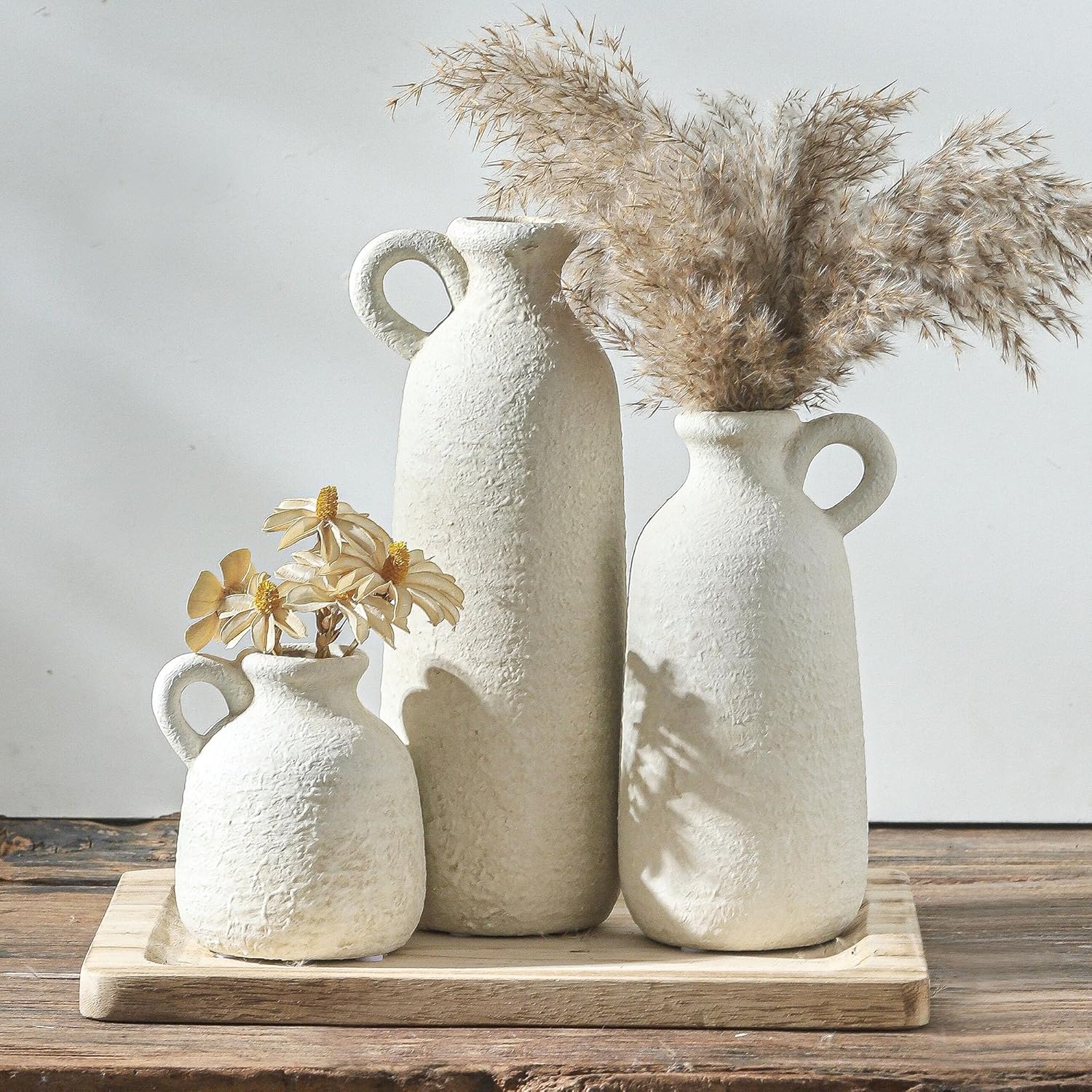 Boho Brown Flower Vase — Set of 3 — 010 Vase Set With Handle - White