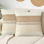 Linen Boho Beige Throw Pillow Cover — 18" — Boho Long Fringe-beige