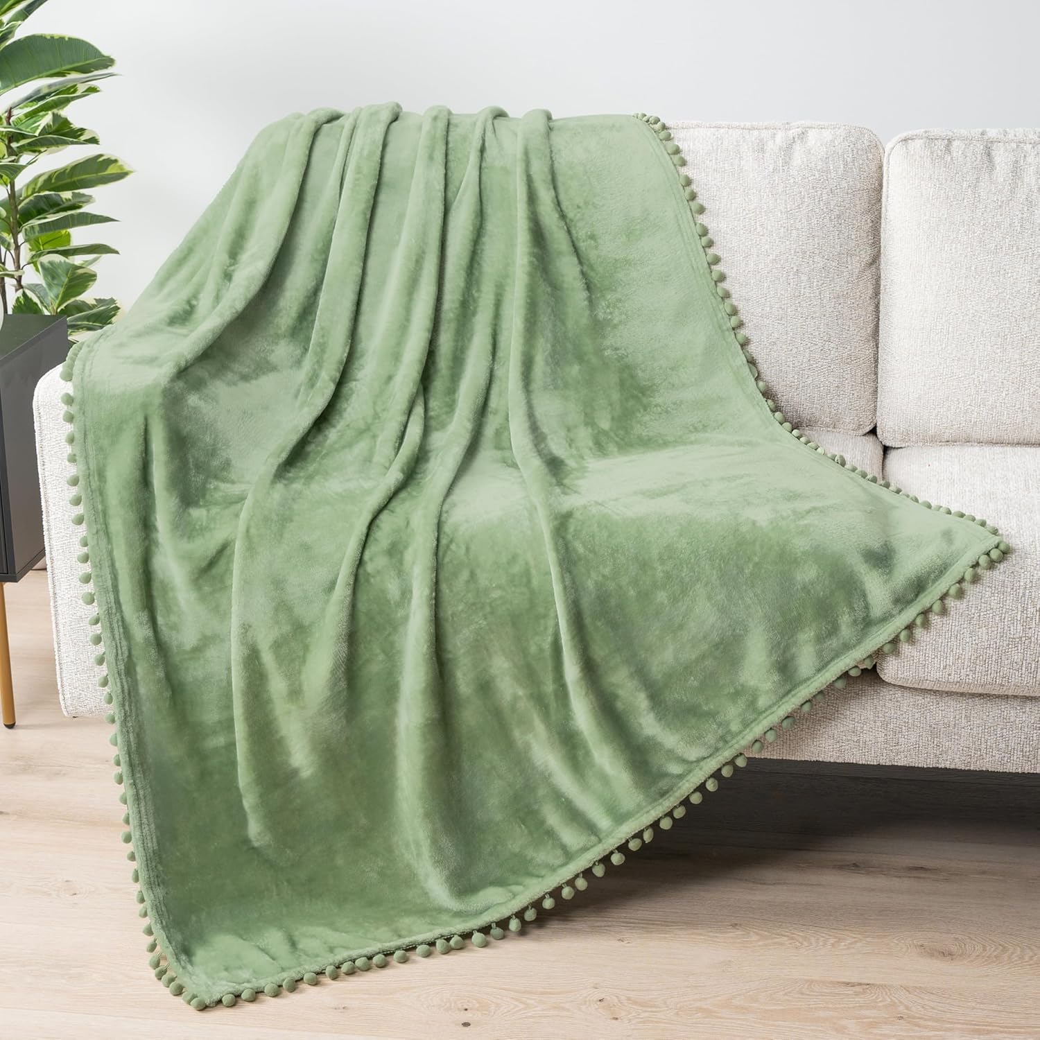Pom Pom Beige Throw Pillow — 50" — Sage Green