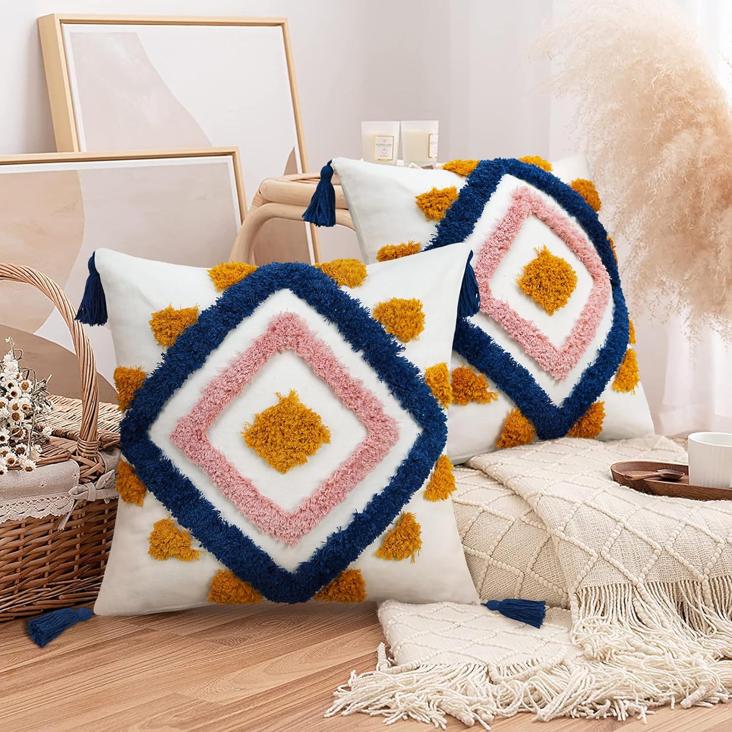 Tufted Boho Blue Pillow Cover — 18" - View 2