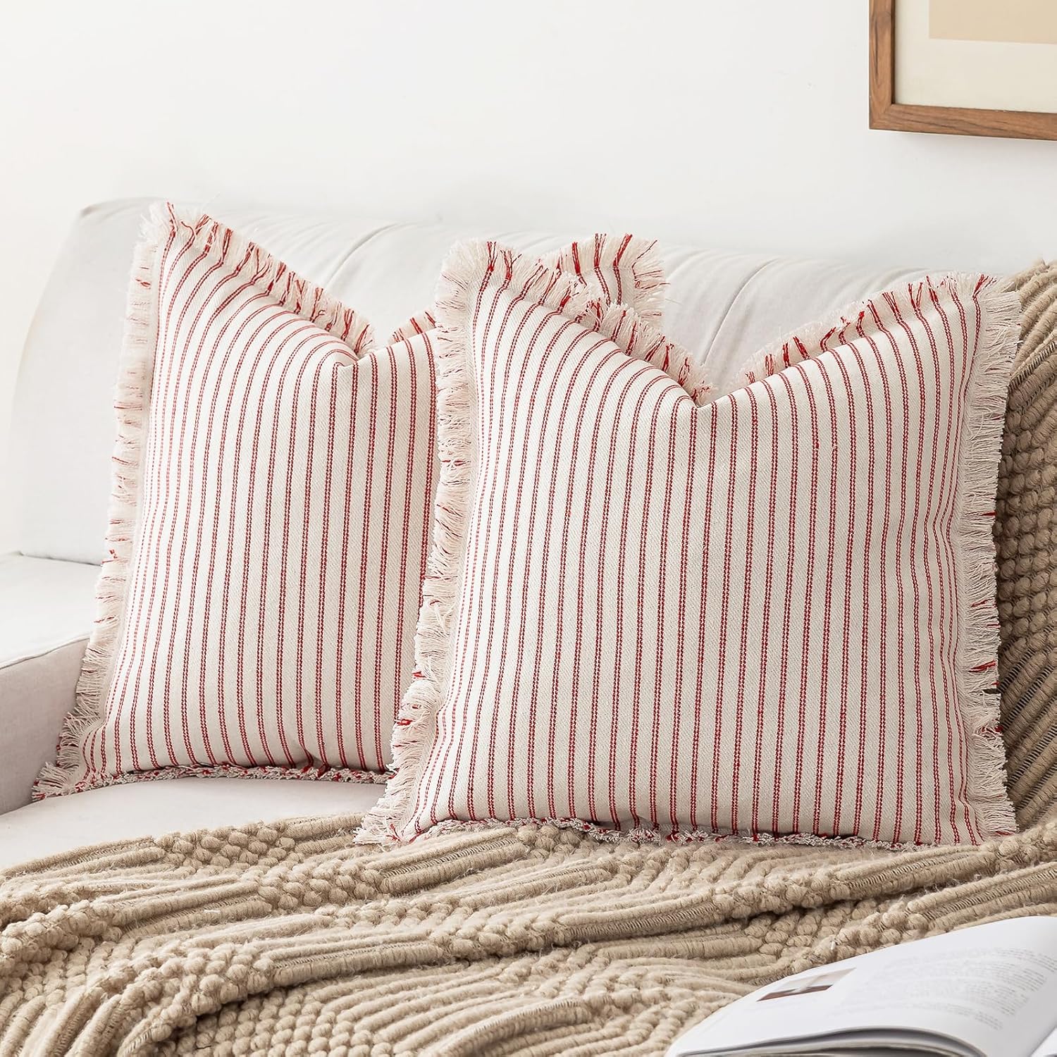 Boho Beige Throw Pillow Cover — 18" — Red