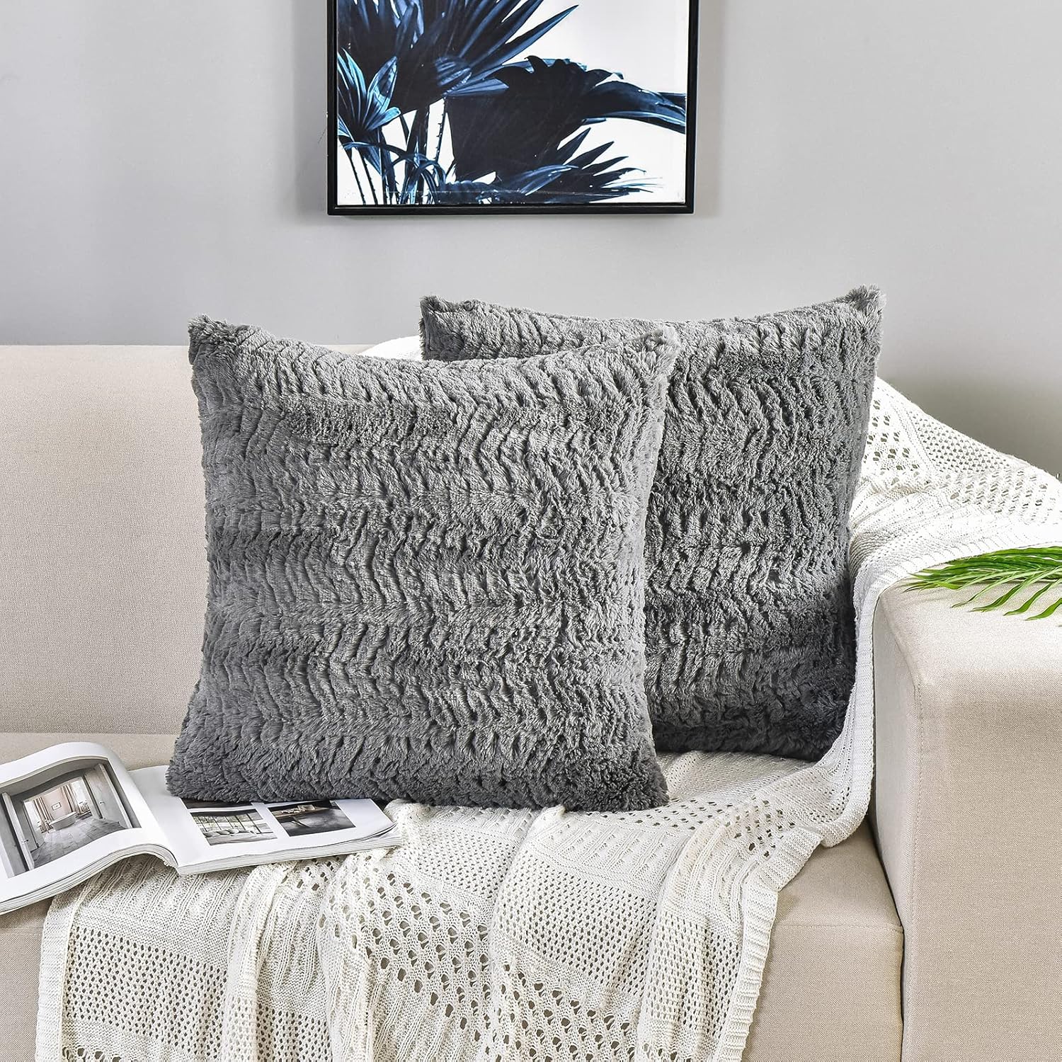 Boho Blue Throw Pillow Cover — 18" — Grey-luxury Fur