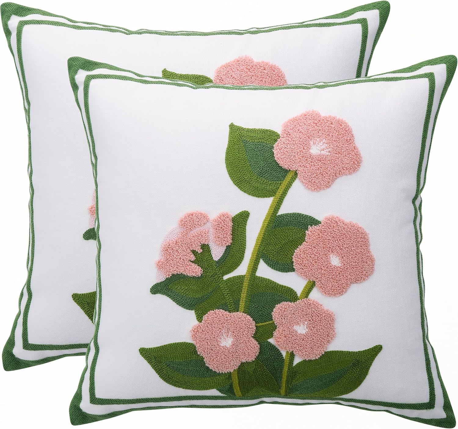 Embroidered Boho Blue Throw Pillow Cover — 18" — Pink Flower With Green Leaves