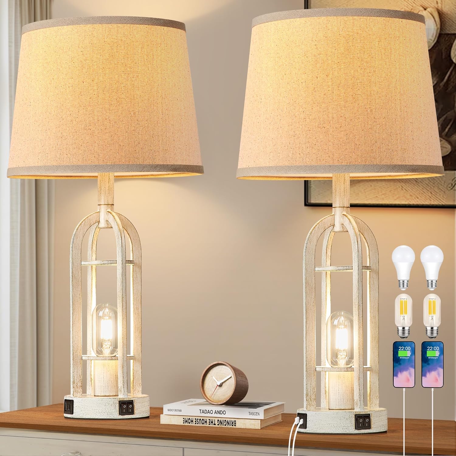 USB Farmhouse Black Bedside Lamp — 24" — 3.Antique White