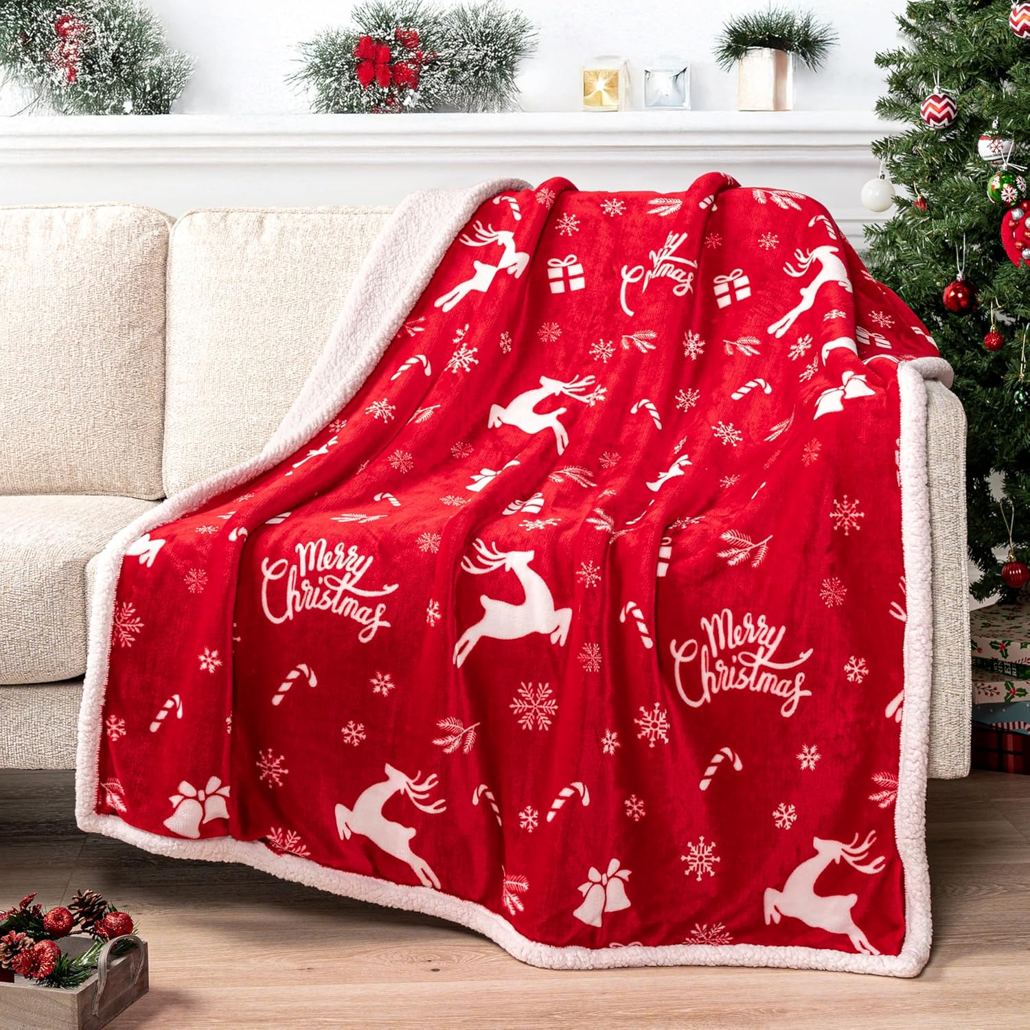 Beige Throw Pillow — 60" — Red Reindeer