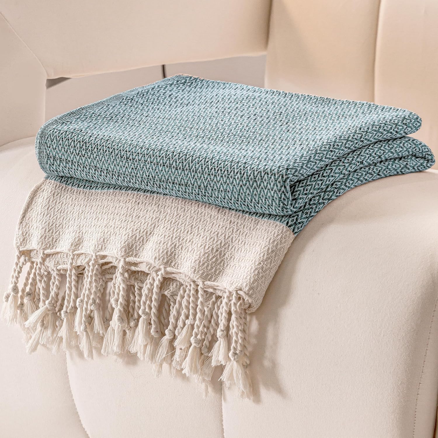 Boho Beige Throw Pillow — Light Blue