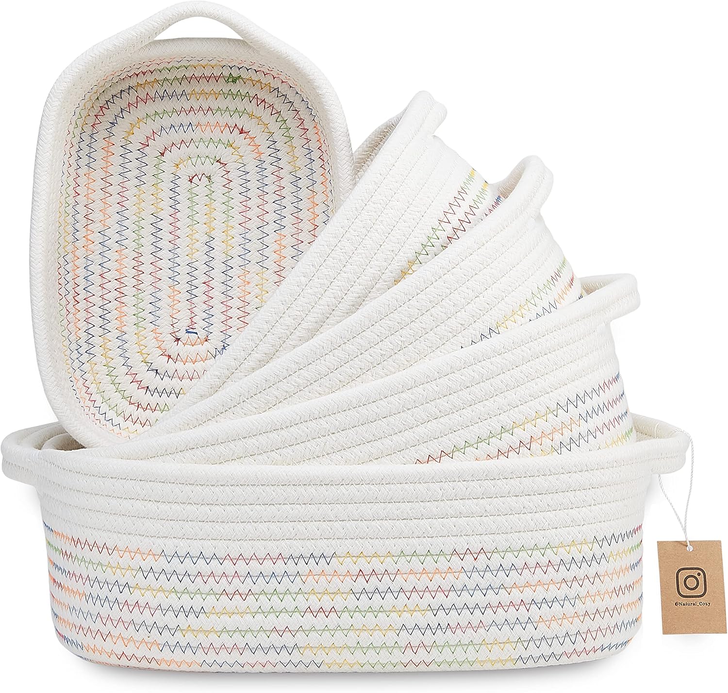 Boho Beige Woven Basket — Off White & Rainbow Stitching