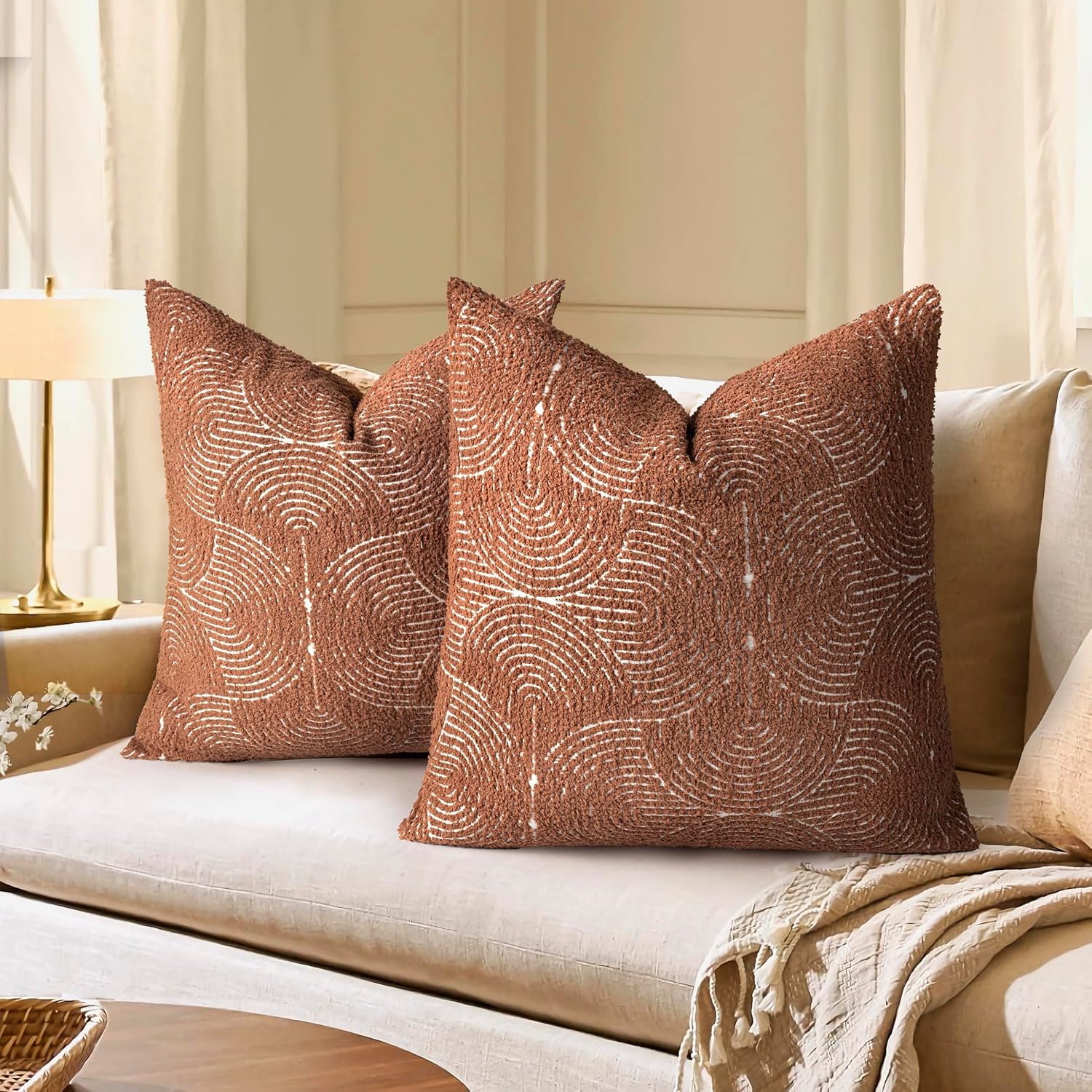 Tufted Boho Beige Throw Pillow Cover — 18" — Burnt Orange