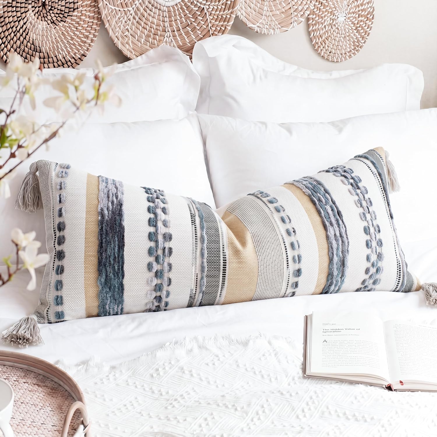Chenille Boho Blue Throw Pillow Cover — 36" — Grey Tone