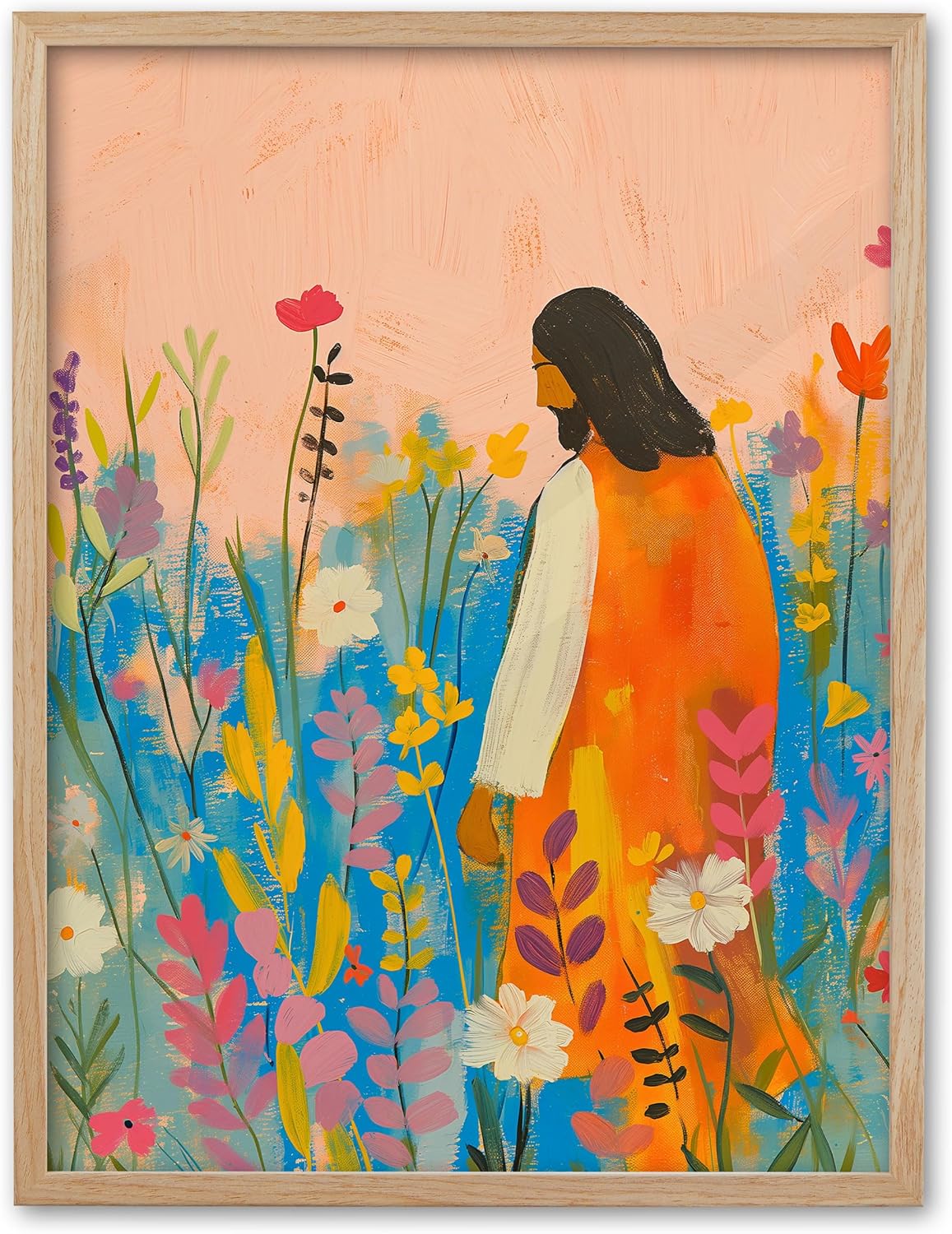 Framed Boho Blue Canvas Wall Art — 16" — Framed Wildflowers