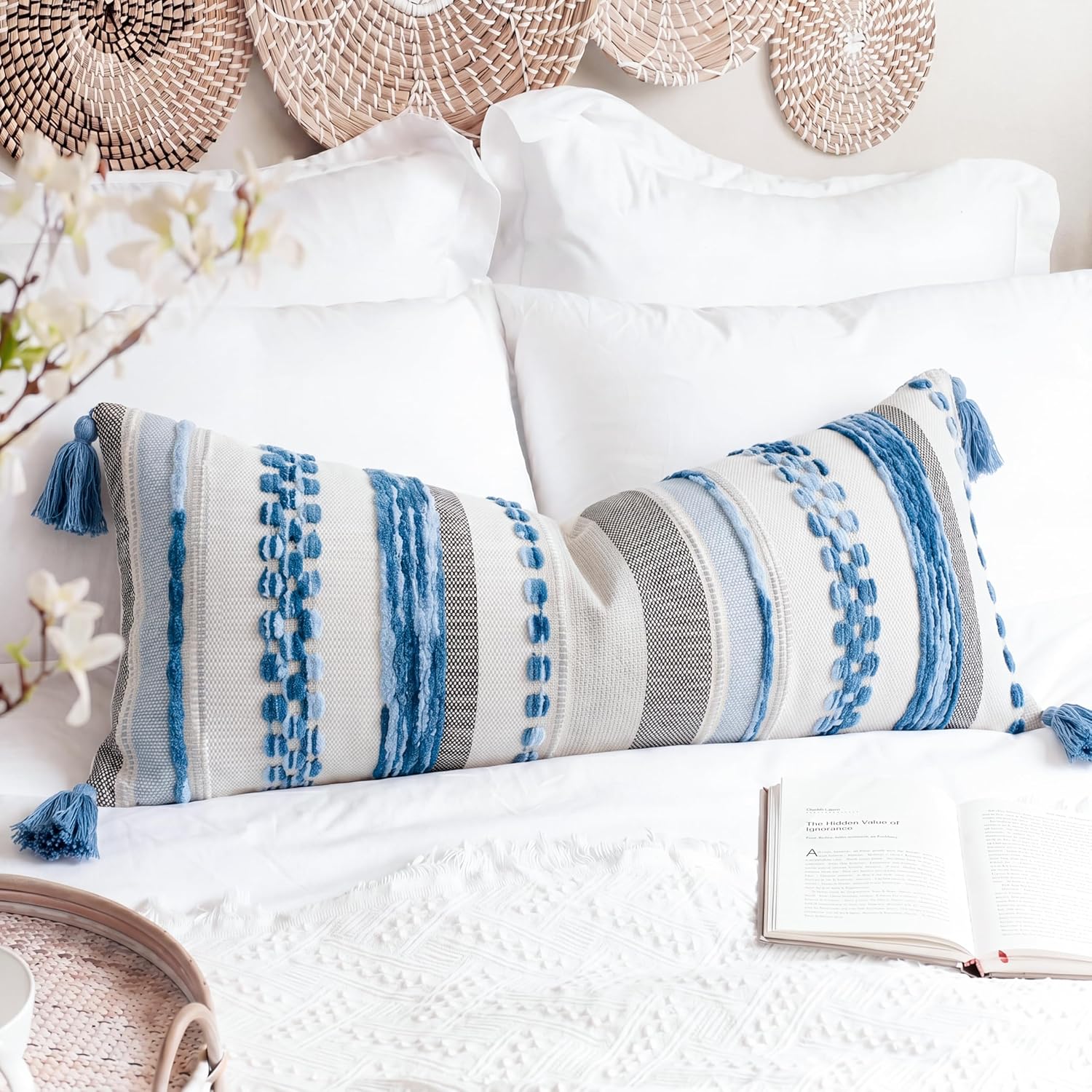 Chenille Boho Blue Throw Pillow Cover — 36" — Sky Blue Tone