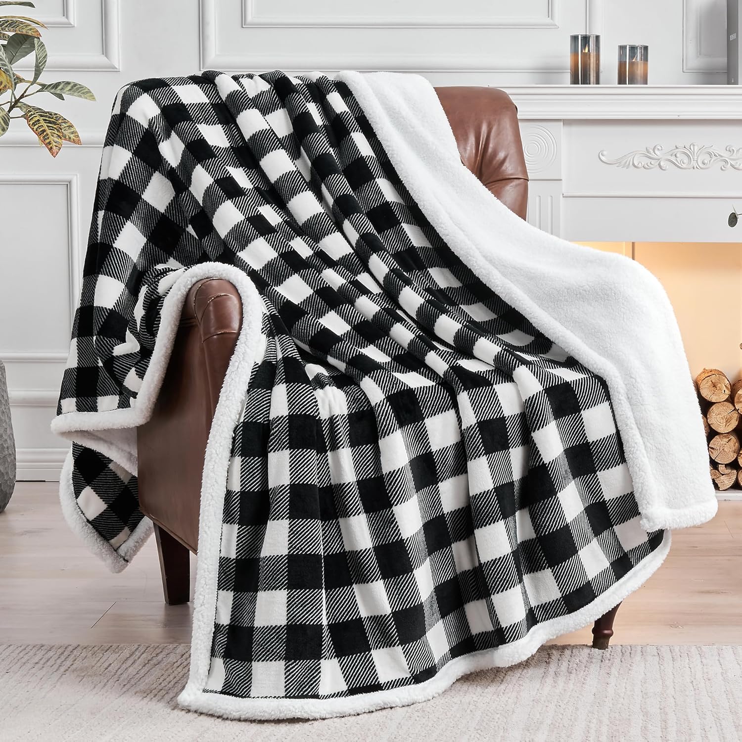 Black Throw Pillow — 50" — Black White Sherpa