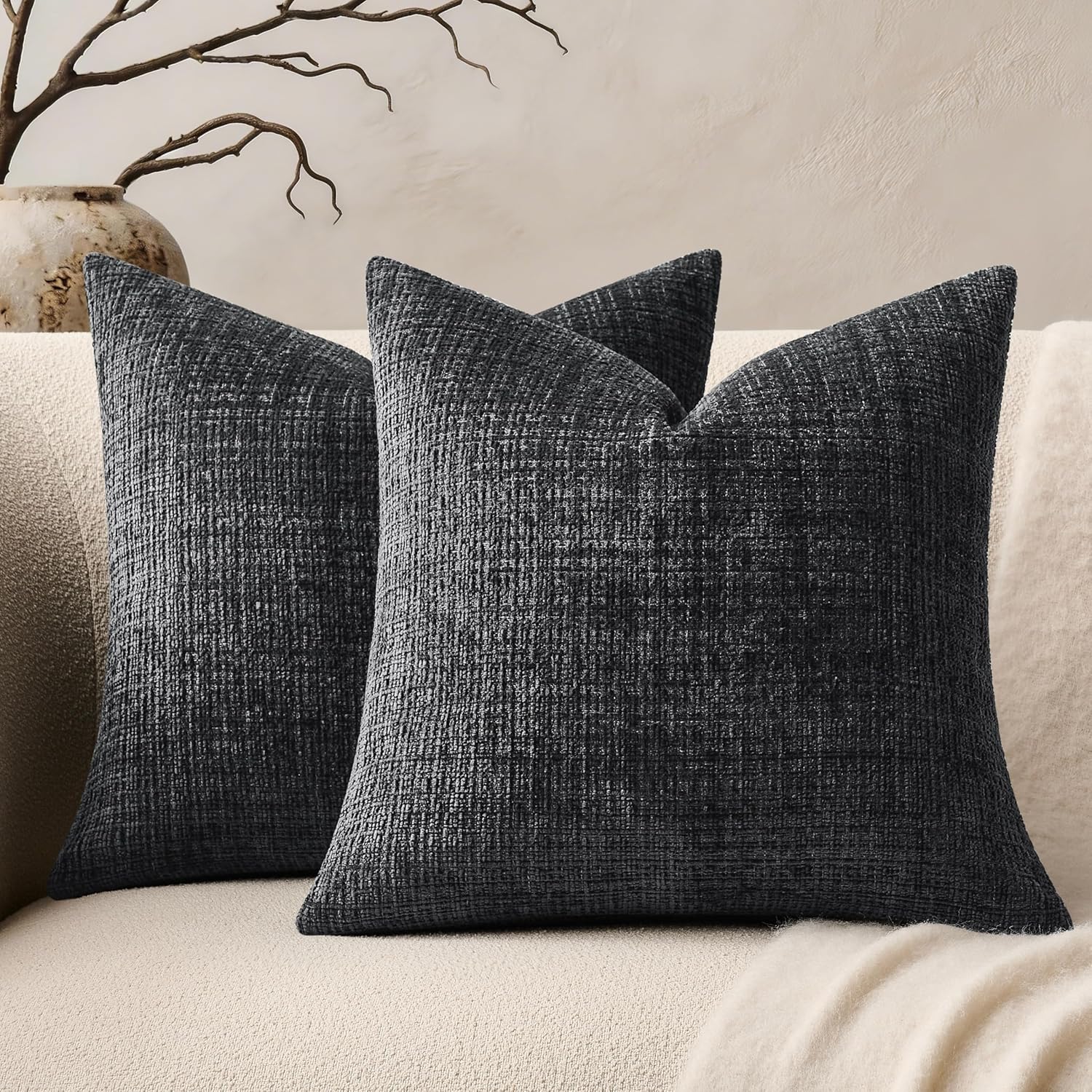 Chenille Boho Blue Throw Pillow Cover — 20" — Charcoal