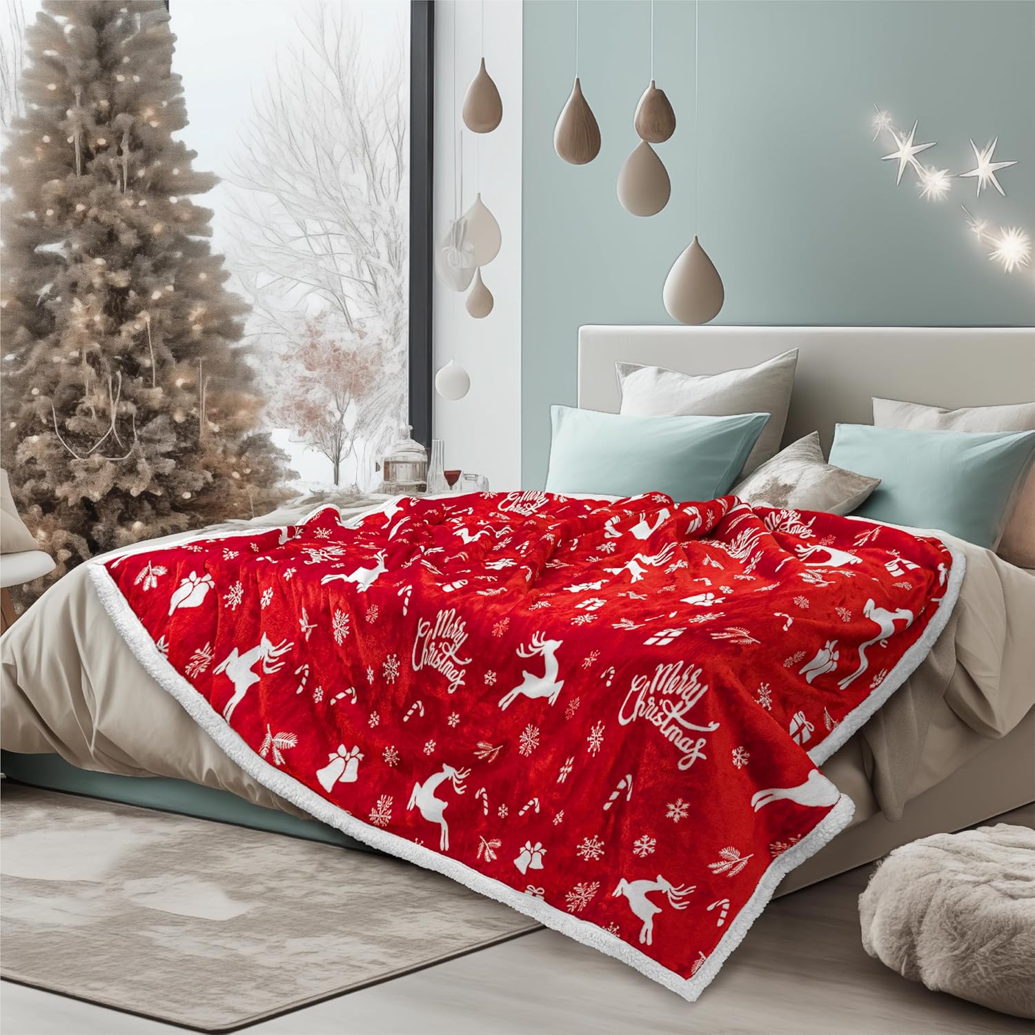 Beige Throw Pillow — 60" — Red Reindeer