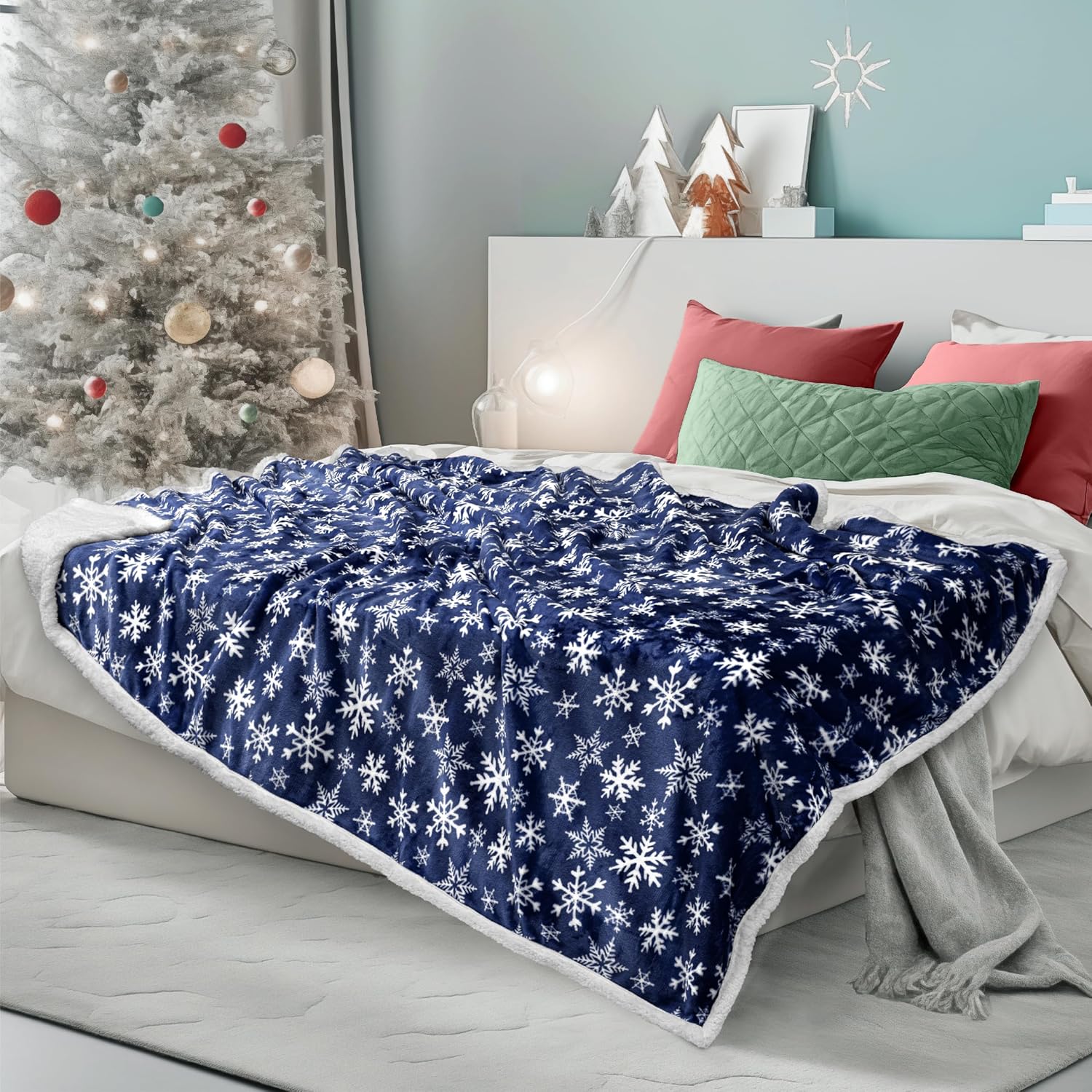 Beige Throw Pillow — 60x80 — Snowflake Blue